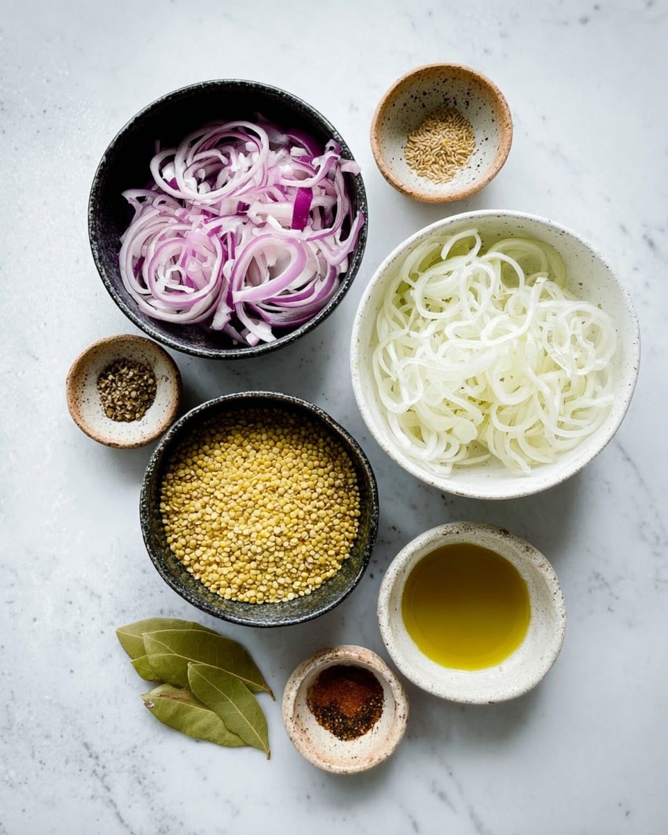 Top view image shows six small white and black bowls placed on a white marbled surface, each holding different ingredients. The largest white bowl on the right contains thin white onion slices, while the bowl above it holds thin purple and white onion slices. The black bowl next to it contains uncooked yellow rice grains, and the black bowl below has green dried lentils. In front, a small white bowl holds light golden oil, and three tiny brown ceramic bowls hold various spices and two green bay leaves are placed next to the oil bowl. Photo taken with an iphone --ar 4:5 --v 7