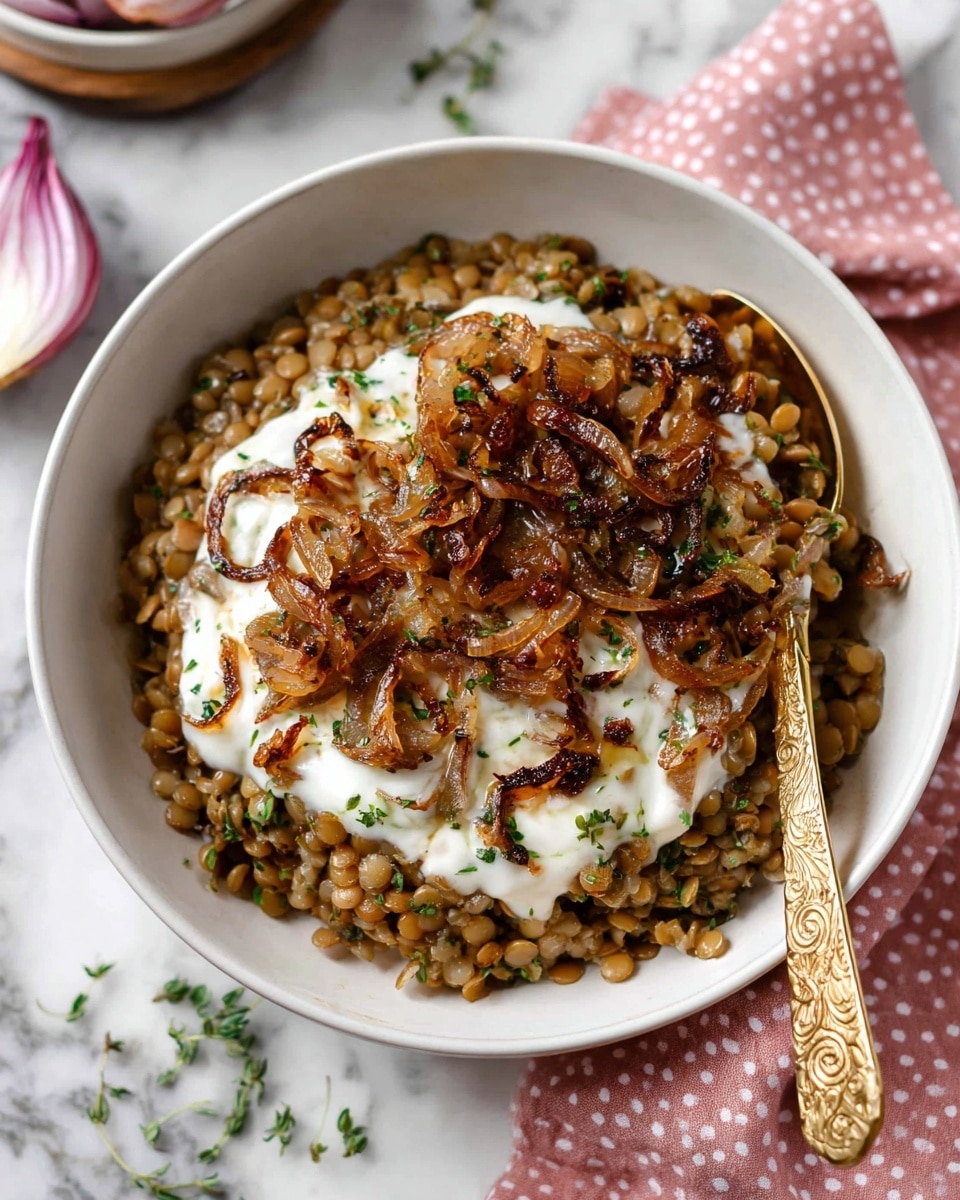 A white bowl filled with a base layer of cooked lentils and grains that have a light brown and greenish color with a soft texture. On top of this is a thick layer of creamy white sauce, smooth and spread evenly. The top layer consists of caramelized onions, golden to dark brown with a shiny, slightly oily look, scattered with small green herb pieces for color. A golden spoon with intricate floral patterns is partly inside the bowl on the right side, resting on the lentils and white sauce. The bowl sits on a white marbled surface with some small herb pieces around it and a pink cloth with white polka dots partly visible at the bottom. Photo taken with an iphone --ar 4:5 --v 7