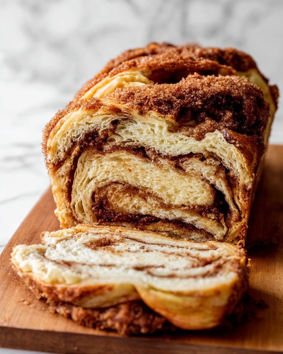 The image shows a loaf of cinnamon swirl bread on a wooden board with one thick slice in front. The bread has multiple visible layers with light beige dough and dark brown cinnamon filling weaving through the middle and top. The crust is textured with a crumbly cinnamon sugar topping that looks crunchy and uneven. The sliced piece reveals the soft and fluffy inside with swirls of cinnamon running through. The background is simple with a white marbled texture. Photo taken with an iphone --ar 4:5 --v 7