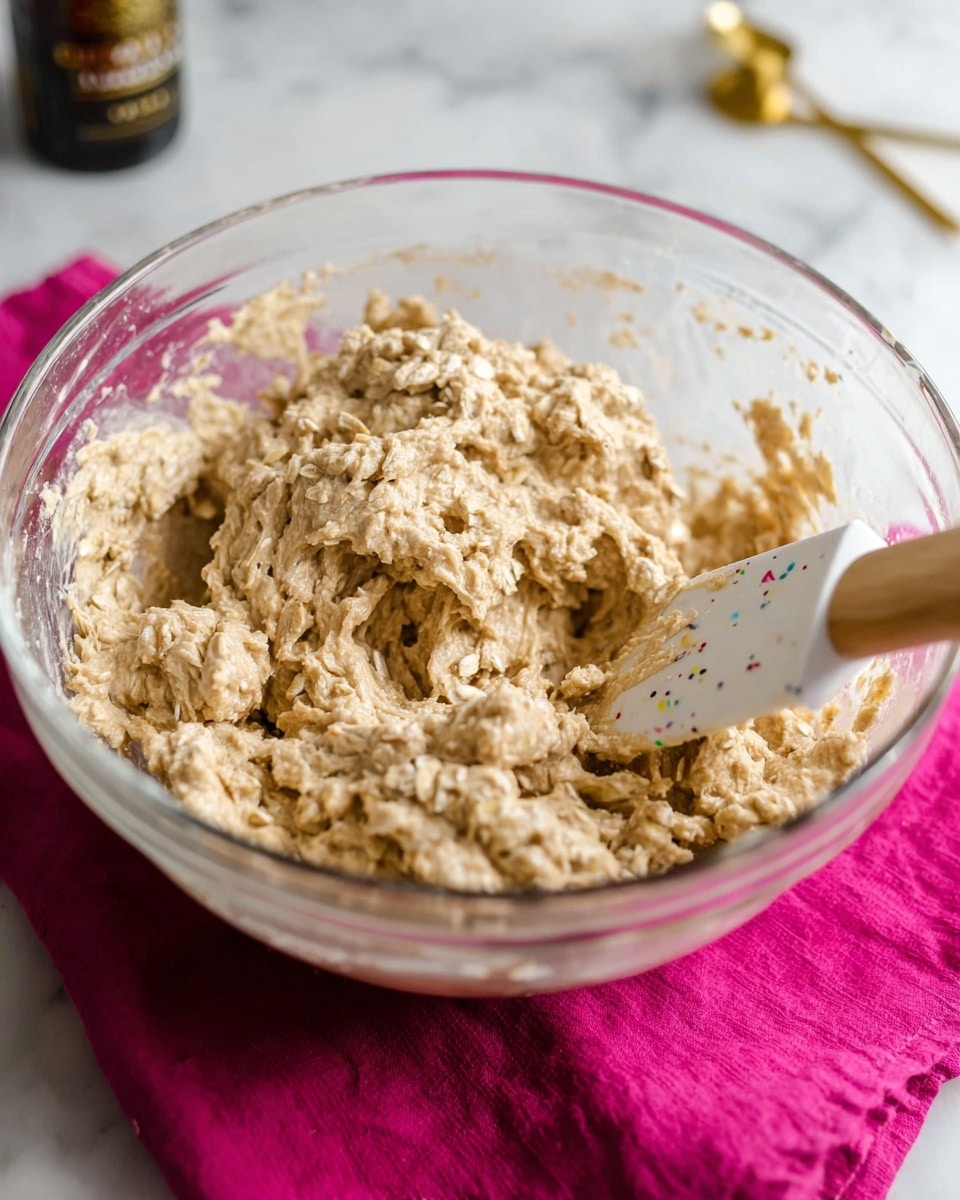 A clear glass bowl filled with a thick, beige dough mixed with visible oat flakes, which has a rough and chunky texture. A white spatula with some colorful specks is stuck inside the dough and partially visible on the right side of the bowl. The bowl is resting on a bright pink cloth over a white marbled surface. In the blurred background, there is a bottle and a gold measuring spoon. photo taken with an iphone --ar 4:5 --v 7