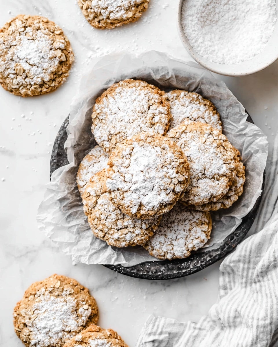A dark round tray holds about seven large, rough-textured oatmeal cookies with a light brown color and small oatmeal pieces visible throughout, each dusted with a thin layer of white powdered sugar mostly centered on top. The cookies rest on crinkled white parchment paper inside the tray. Around the tray, five more cookies are scattered on a white marbled surface, all similarly dusted with powdered sugar. A soft, white cloth with light gray stripes is partly visible under the tray in the top area. On the right side, part of a white bowl filled with more white powdered sugar is visible. Photo taken with an iphone --ar 4:5 --v 7