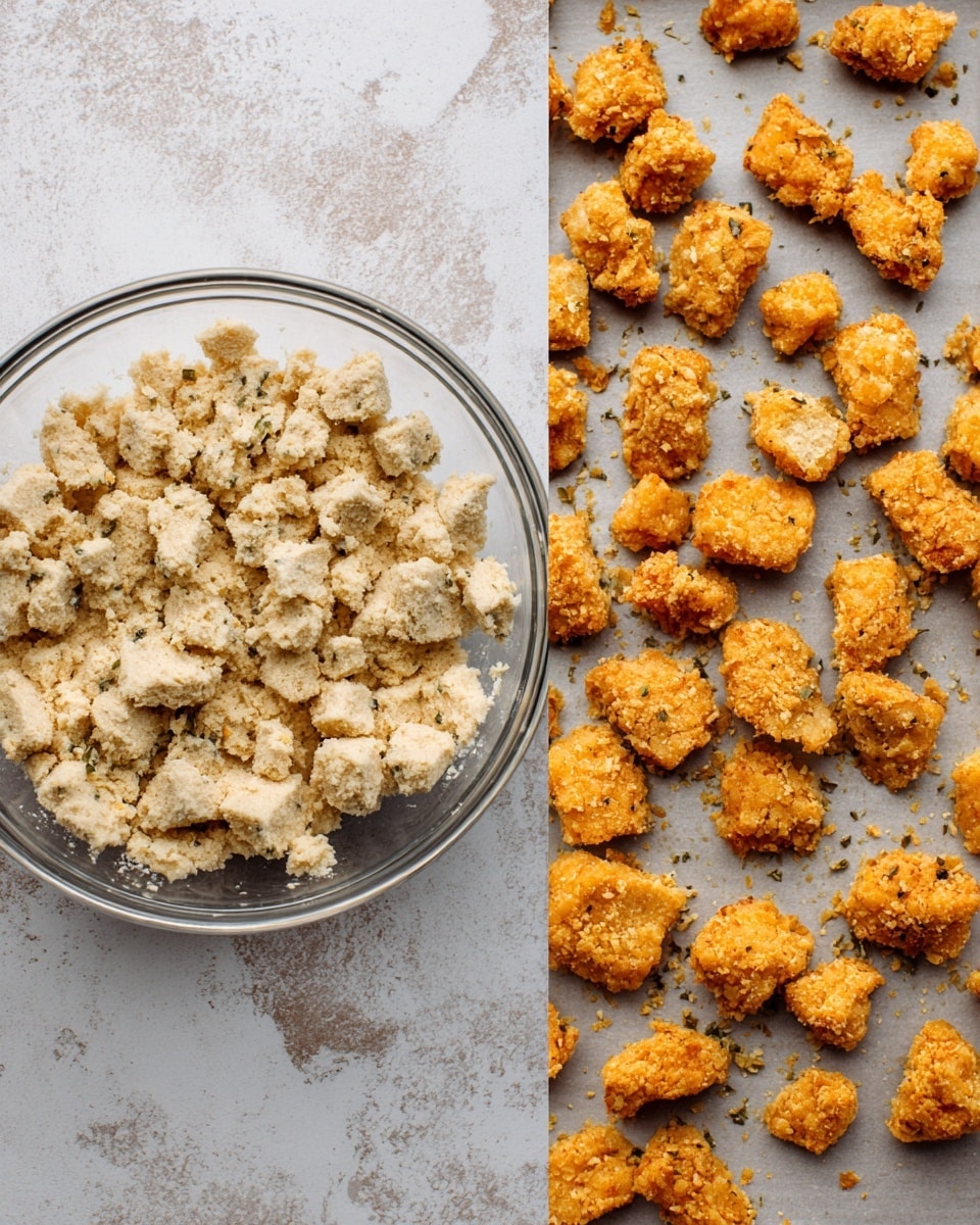 The image shows two side-by-side pictures on a white marbled surface. On the left side, there is a clear glass bowl filled with a mixture of crumbly, pale beige dough with visible small herbs or seasoning throughout. The dough is broken into uneven chunks and looks soft and coarse in texture. On the right side, there are many small, golden-brown fried pieces spread evenly on a baking tray. The fried pieces have a rough, crispy texture and irregular shapes, with some smaller crumbs scattered around. The colors contrast between the light dough and the warm golden fried pieces. Photo taken with an iphone --ar 4:5 --v 7