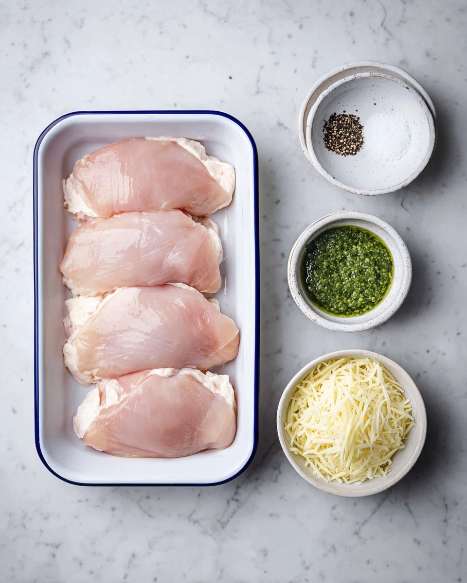 Four raw light pink chicken pieces are neatly placed side by side in a white rectangular tray with a blue rim. To the right of the tray, there are four small white round bowls, stacked vertically. The top bowl holds coarse black and white ground pepper, the second bowl contains white coarse salt, the third bowl has a thick green pesto sauce with a textured surface, and the bottom bowl is filled with finely shredded pale yellow cheese. All items are set on a white marbled surface. Photo taken with an iphone --ar 4:5 --v 7