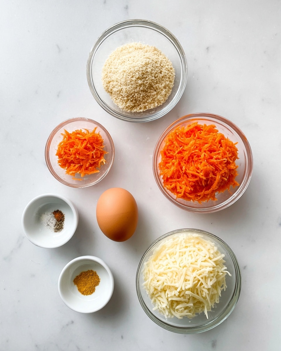 The image shows five different ingredients on a white marbled surface arranged loosely in a circle. There is a clear bowl on the top right filled with bright orange shredded carrots, a clear bowl on the top left with light beige panko crumbs, a single brown egg placed in the center, a clear bowl on the bottom right holding a mix of white and pale yellow shredded cheese, and a small white bowl on the bottom left containing several powdered spices of varying shades from yellow to light brown and a small pinch of black pepper. Photo taken with an iphone --ar 4:5 --v 7