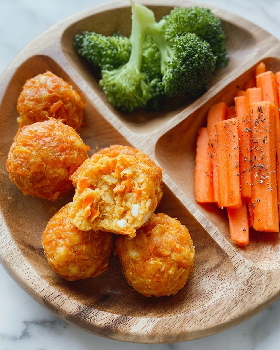 The image shows a wooden plate with three compartments; the largest one holds five round orange balls made of a mix that appears crunchy and soft inside, with one ball broken in half to show its crumbly texture filled with grated carrot and small white bits. The second compartment has fresh green broccoli florets with a natural texture, and the third compartment contains thin carrot sticks seasoned with black pepper, showing a slightly glossy surface. The plate is set on a white marbled surface. Photo taken with an iphone --ar 4:5 --v 7