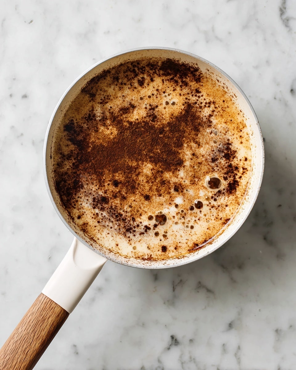A white saucepan with a wooden and white handle sits on a white marbled surface, filled with a light creamy liquid that has dark brown cinnamon powder sprinkled unevenly on top, creating a mottled texture with some small clumps and scattered patches showing the creamy base beneath photo taken with an iphone --ar 4:5 --v 7