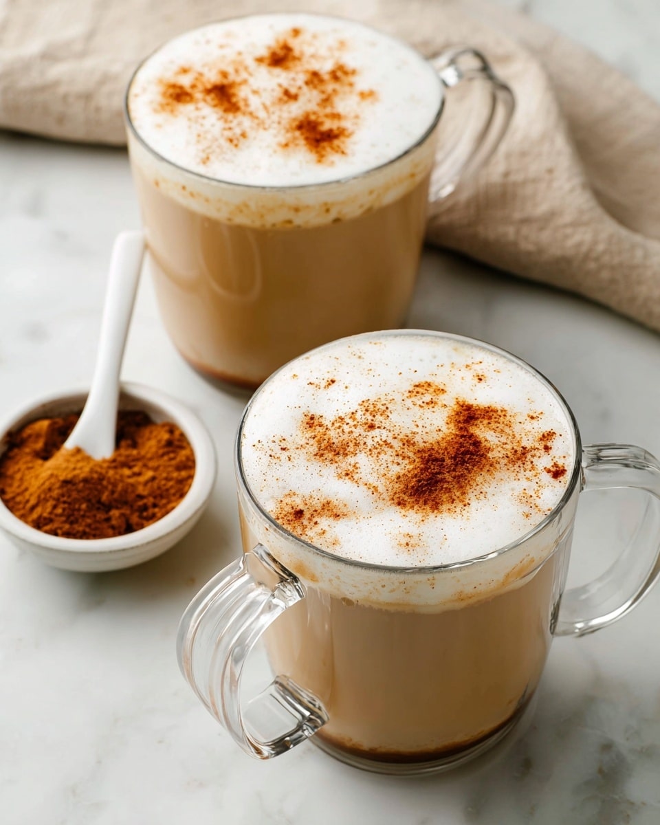 The image shows two clear glass mugs filled with a light brown creamy drink topped with a thick layer of white frothy foam. Each foam layer is sprinkled unevenly with a reddish-brown powder, likely cinnamon. The mugs have clear handles and are placed on a white marbled surface. Behind the mugs, there is a small white bowl filled with the same reddish-brown powder and a white spoon resting in it. A beige cloth is partially visible in the background. photo taken with an iphone --ar 4:5 --v 7