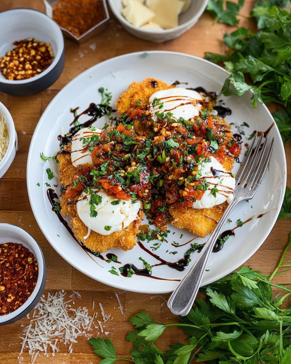 The image shows a white plate with two crispy golden brown breaded cutlets as the base layer. On top of the cutlets, there are soft, white dollops of creamy cheese, slightly melting at the edges. Over the cheese, there is a chunky orange-red tomato mixture with small bits of herbs and pine nuts scattered throughout. The dish is finished with a drizzle of thick, dark balsamic glaze and a sprinkle of finely chopped green parsley and grated white cheese. A silver fork rests on the right side of the plate. The plate is set on a wooden surface with fresh green parsley on the right and small bowls of crushed red pepper flakes and creamy sauce on the left. The photo taken with an iphone --ar 4:5 --v 7