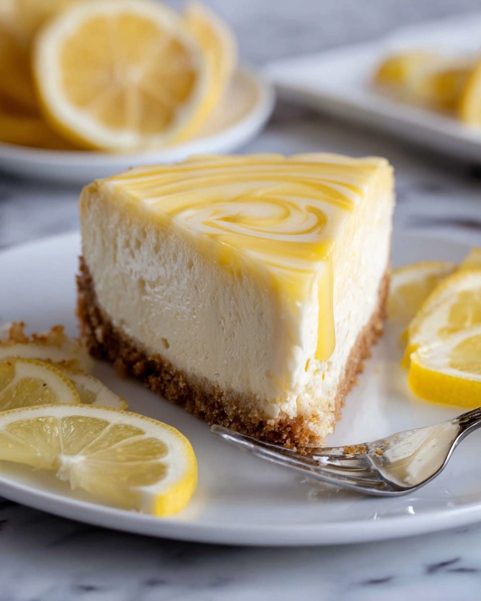 A slice of lemon cheesecake is displayed on a white plate placed on a white marbled surface. The cheesecake has three visible layers: a crumbly light brown base at the bottom, a thick white creamy middle layer with a slightly textured surface, and a smooth, glossy pale yellow lemon topping with gentle swirls. Around the plate, there are several lemon wedges, some cut in halves and others in quarters, showing their juicy yellow interiors. A silver fork rests on the plate near the cheesecake slice. The photo is taken with an iphone --ar 4:5 --v 7