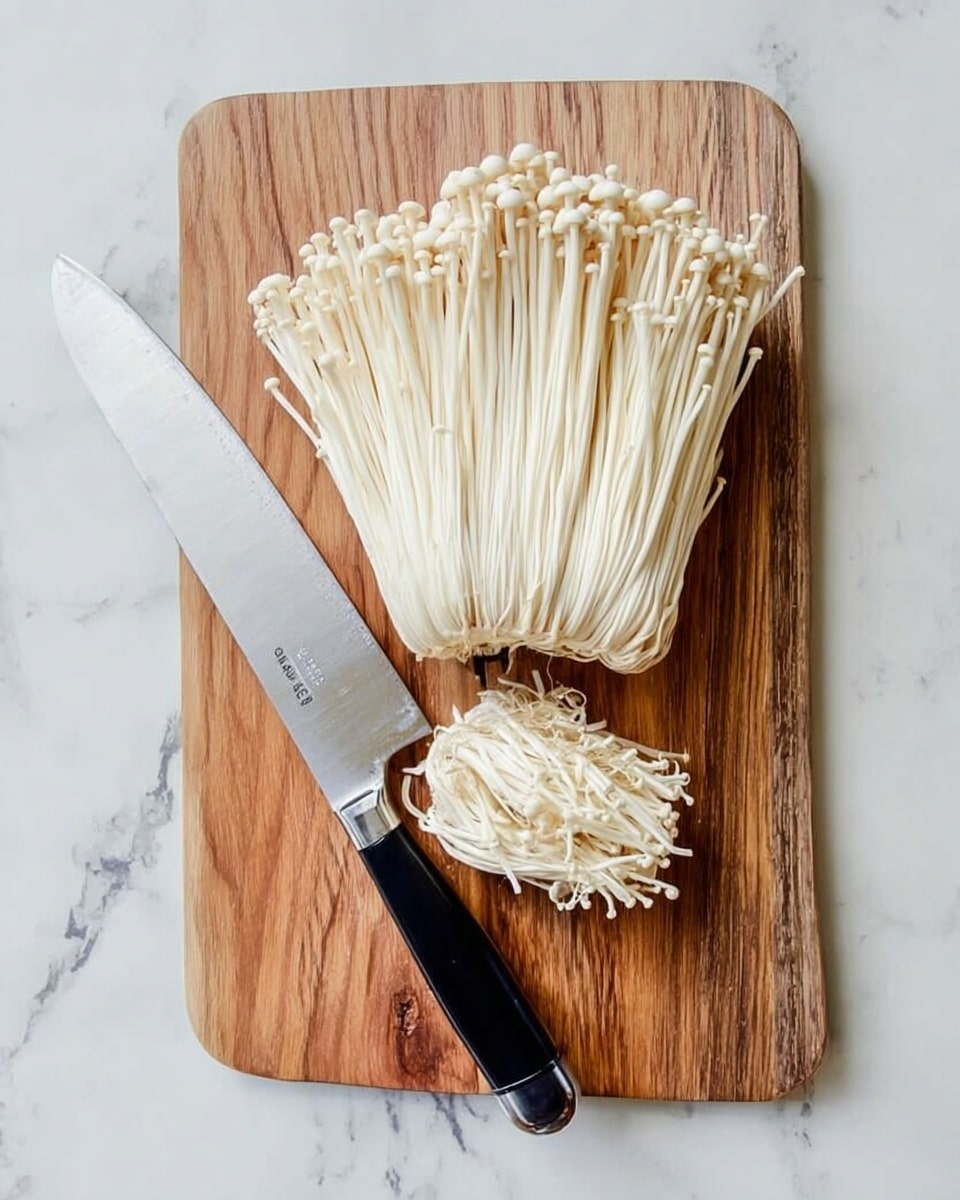 A wooden board sits on a white marbled surface with an unpeeled cluster of enoki mushrooms placed in the upper center. The mushrooms are light cream with slender, long stems grouped tightly together and topped with small rounded caps. Below them is the thick base of the cluster, slightly darker beige and fibrous. A large knife with a silver blade and black handle lies diagonally across the left side of the board, partially under the mushrooms. photo taken with an iphone --ar 4:5 --v 7