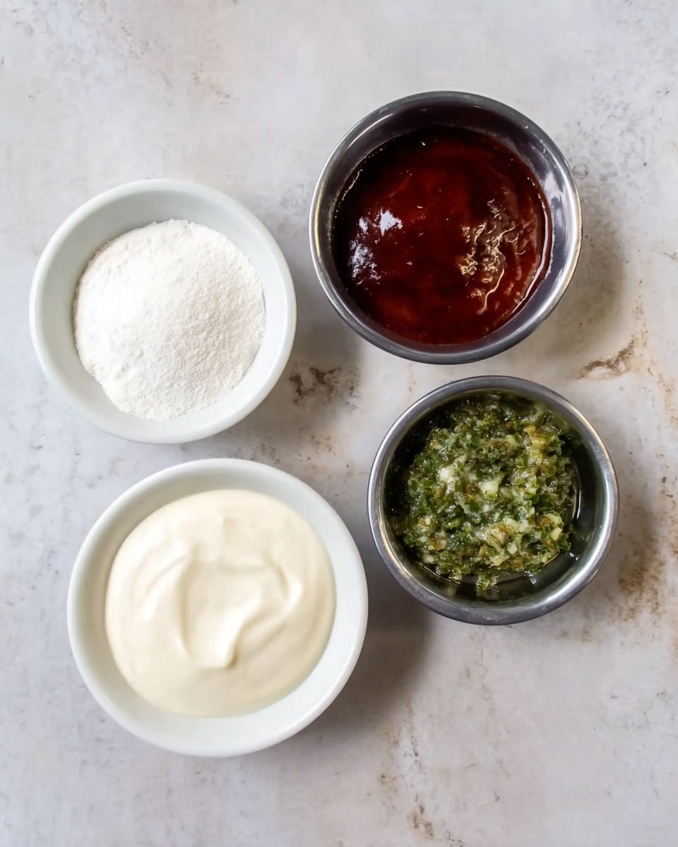 The image shows four small white bowls arranged on a white marbled surface. The top left bowl contains a fine white powder with a smooth texture. To the right, a metal bowl holds a thick, dark reddish-brown sauce with a shiny appearance. Below that, another metal bowl has a chunky green mixture, likely made of chopped vegetables or herbs. On the bottom left, a white bowl is filled with a creamy, light off-white sauce that looks smooth and soft. Photo taken with an iphone --ar 4:5 --v 7