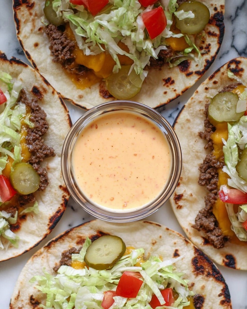 The image shows four small tacos placed around a glass bowl of creamy light orange sauce, all set on a white marbled surface. Each taco has a soft, light beige tortilla with darker grilled spots. On the tortilla, a layer of cooked ground beef with a slightly browned texture is topped with melted yellow cheese. Over the cheese, there is a layer of shredded light green lettuce, along with chopped red cherry tomatoes and thin round slices of pickles scattered on top. The tacos are arranged in a circle around the bowl of sauce in the center. photo taken with an iphone --ar 4:5 --v 7