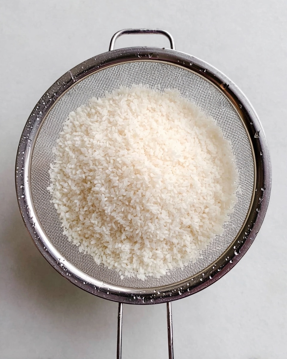 A close-up image of white rice grains drying in a metal sieve with fine mesh, the sieve held over a white marbled surface. The rice sits in a neat, slightly uneven mound in the center of the sieve, with a few grains scattered around the edges. The metal rim and handles of the sieve shine with a clean metallic silver color, contrasting with the soft, fluffy texture of the white rice. Tiny droplets of water cling to the sieve, adding freshness to the scene. photo taken with an iphone --ar 4:5 --v 7