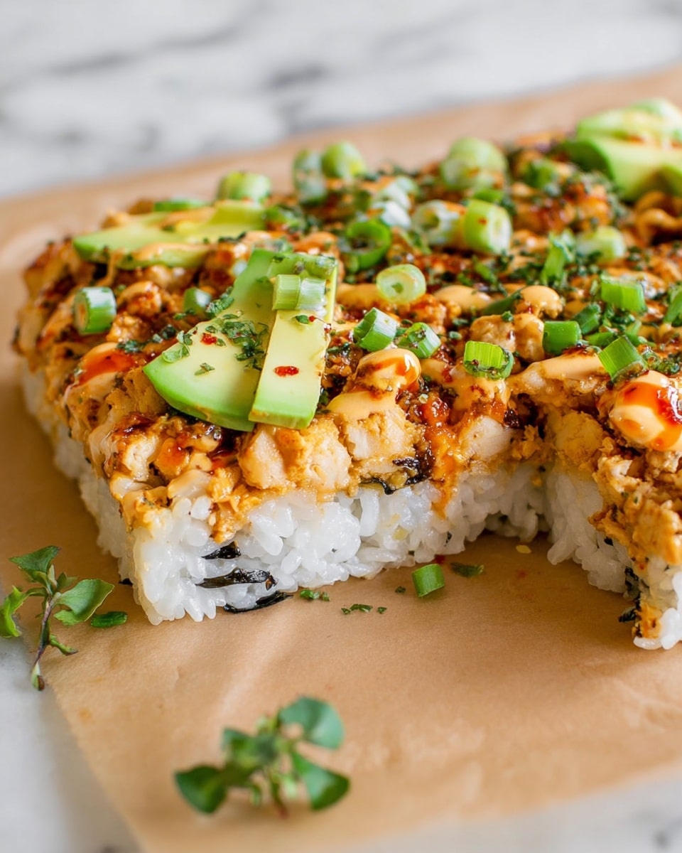 The dish is a layered square sushi pizza with two main layers. The bottom layer is white rice pressed tightly together with small bits of dark seaweed visible near the middle. The top layer is a mix of cooked, lightly browned chicken pieces with a creamy orange sauce drizzled over, giving it a smooth texture. This layer is garnished with small, bright green sliced avocado pieces and chopped green onions scattered evenly on top. The sushi pizza is placed on a piece of light brown parchment paper, with a few small green herb leaves nearby on a white marbled surface. Photo taken with an iphone --ar 4:5 --v 7