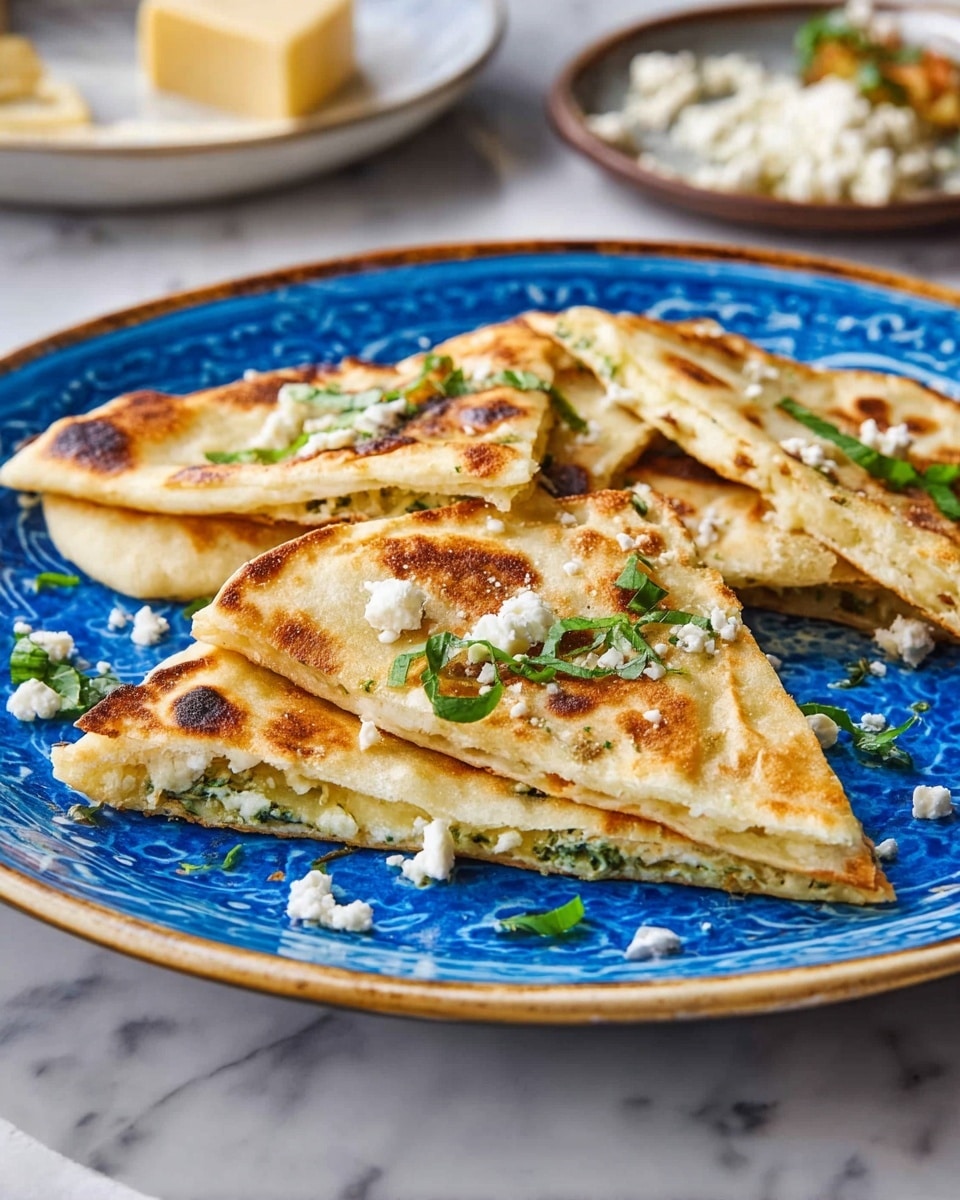 The image shows three triangular pieces of flatbread with a golden brown, unevenly toasted top layer, placed on a round blue patterned plate. The flatbread has a thin, pale inside layer with a green herb filling visible along the edges. Small white crumbled cheese bits and green herb leaves are scattered on top and around the flatbread. The plate sits on a white marbled surface with blurred plates of additional items like cheese in the background. Photo taken with an iphone --ar 4:5 --v 7