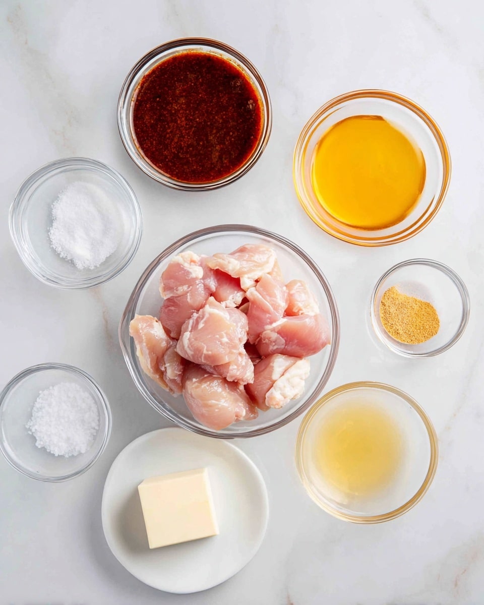 The image shows seven small clear glass bowls arranged on a white marbled surface. In the center, there is a bowl filled with light pink raw chicken pieces, which are chunky and unevenly shaped. Above it, to the left, is a bowl with a thick dark reddish-brown sauce with a glossy texture. To the right of that sauce, a smaller bowl holds a bright golden yellow liquid, smooth and shiny. Below the sauce to the left is a tiny clear bowl with white granulated salt. Next to the salt, there is a small white saucer with a square piece of light creamy butter. To the right of the butter is another small clear bowl with pale yellow powder, likely a spice or seasoning. Lastly, at the bottom right near the chicken bowl is a bigger clear bowl containing a transparent, light yellow liquid. Photo taken with an iphone --ar 4:5 --v 7