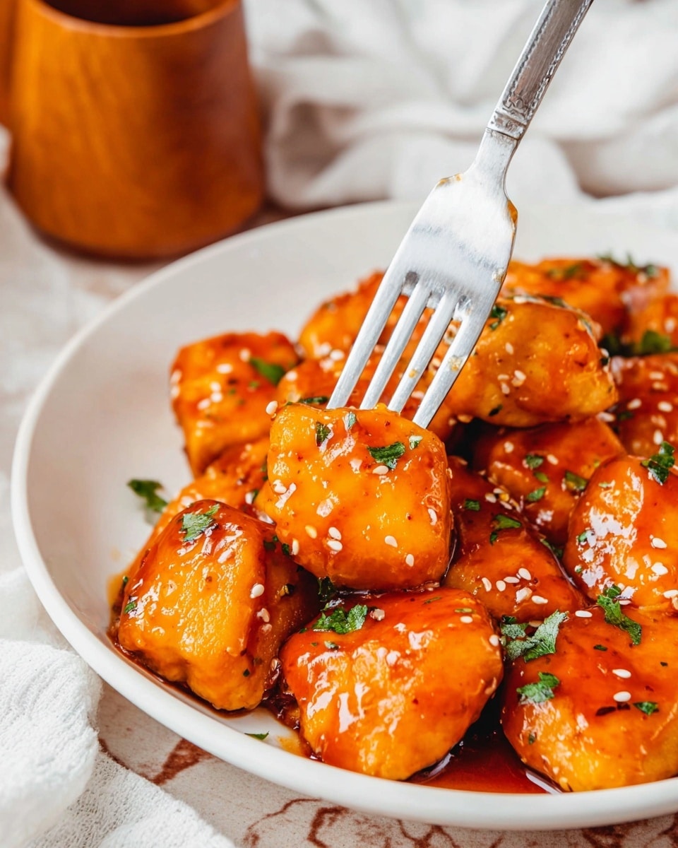 The image shows a close-up of small, square pieces of chicken covered in a shiny orange sauce with a slightly thick texture. The chicken pieces are sprinkled with small green herb leaves and white sesame seeds. A silver fork is piercing one of the chicken pieces, lifting it slightly above the white plate that holds the food. The background has a white marbled texture with a blurred wooden cup and white cloth visible in the upper left corner. photo taken with an iphone --ar 4:5 --v 7