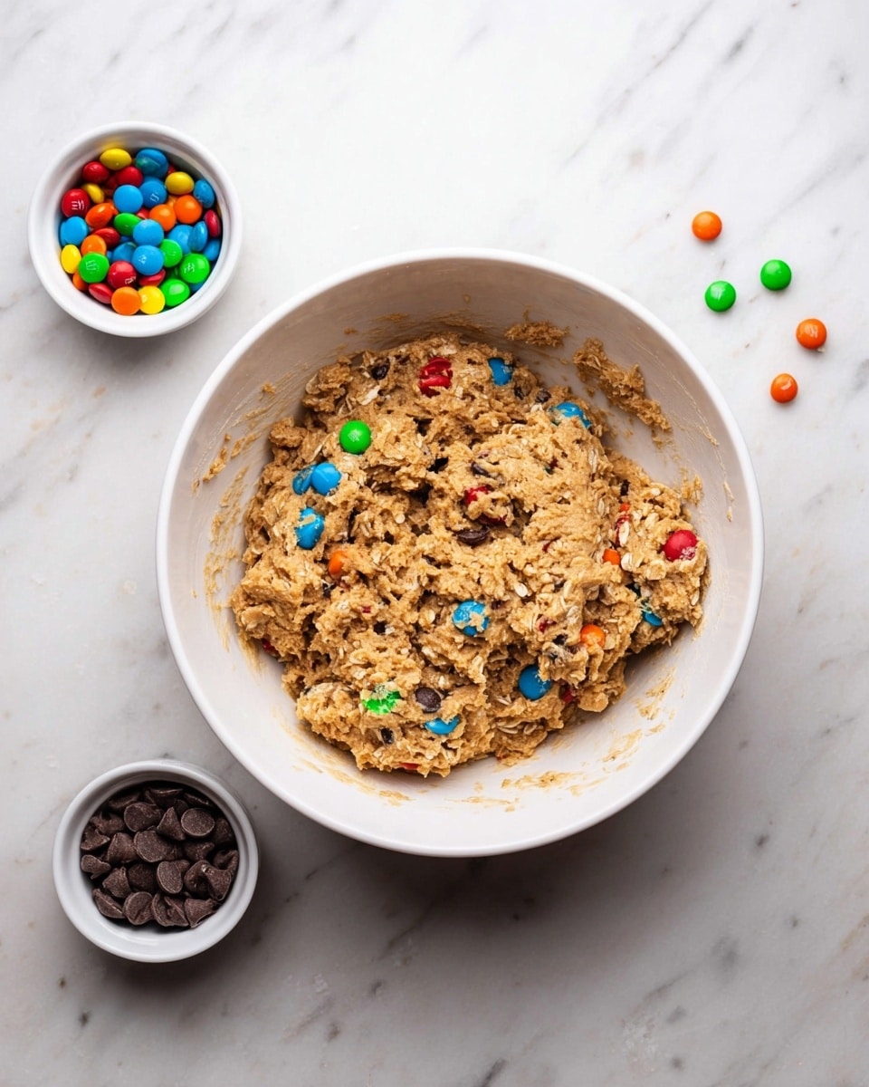 A large white bowl sits on a white marbled surface, filled with a thick, chunky mixture that looks like cookie dough. The dough is light brown and textured, showing bits of oats and small colorful candy pieces in blue, red, green, yellow, and orange scattered throughout. To the left of the bowl are two small white bowls, one filled with colorful candies and the other with mini chocolate chips. The scene is bright and clean with even lighting. photo taken with an iphone --ar 4:5 --v 7