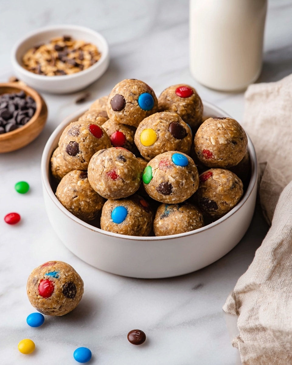 A white bowl is filled with about twenty round energy bites, each ball light brown with visible oats mixed inside. Colorful candy-coated chocolate pieces in red, blue, green, yellow, brown, and orange are embedded on the surface of many balls, making a bright contrast. One ball sits outside the bowl on a white marbled surface near scattered candy pieces. Behind the bowl, a white bowl with small dark chocolate chips and a white bottle, possibly milk, are placed. A light beige cloth napkin lies crumpled to the right side of the frame. The whole scene sits on a smooth white marbled surface. photo taken with an iphone --ar 4:5 --v 7