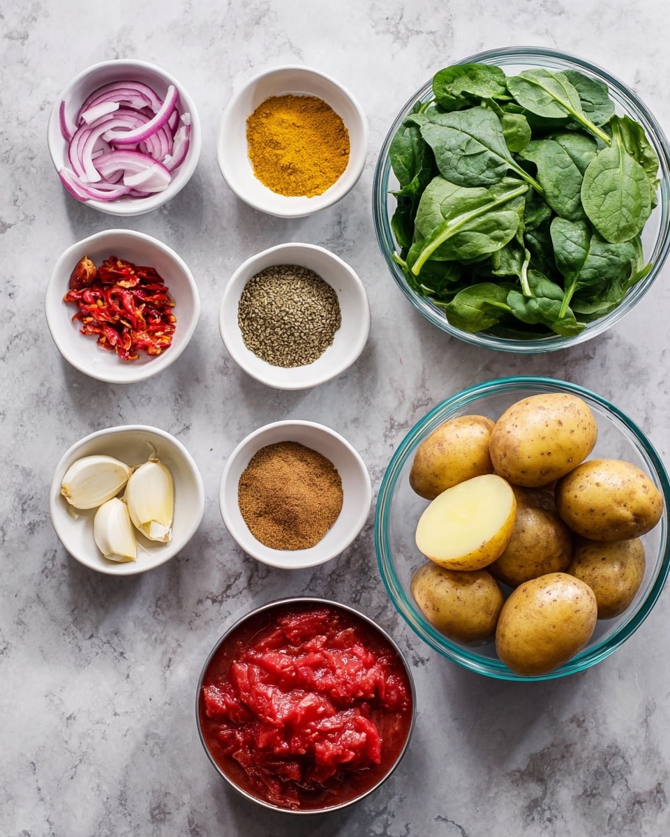 The image shows several small white bowls and a glass bowl placed on a white marbled surface, each holding a different ingredient. The bowls contain finely chopped red chili and ginger, brown powder, yellow powder, cumin seeds, chopped garlic, and chopped red onion. The glass bowl holds baby potatoes, some cut in half revealing pale yellow inside. Another clear bowl contains fresh green spinach leaves. There is also an open can filled with red crushed tomatoes. The arrangement of ingredients is neat and colorful, showing a variety of textures and natural colors. Photo taken with an iphone --ar 4:5 --v 7