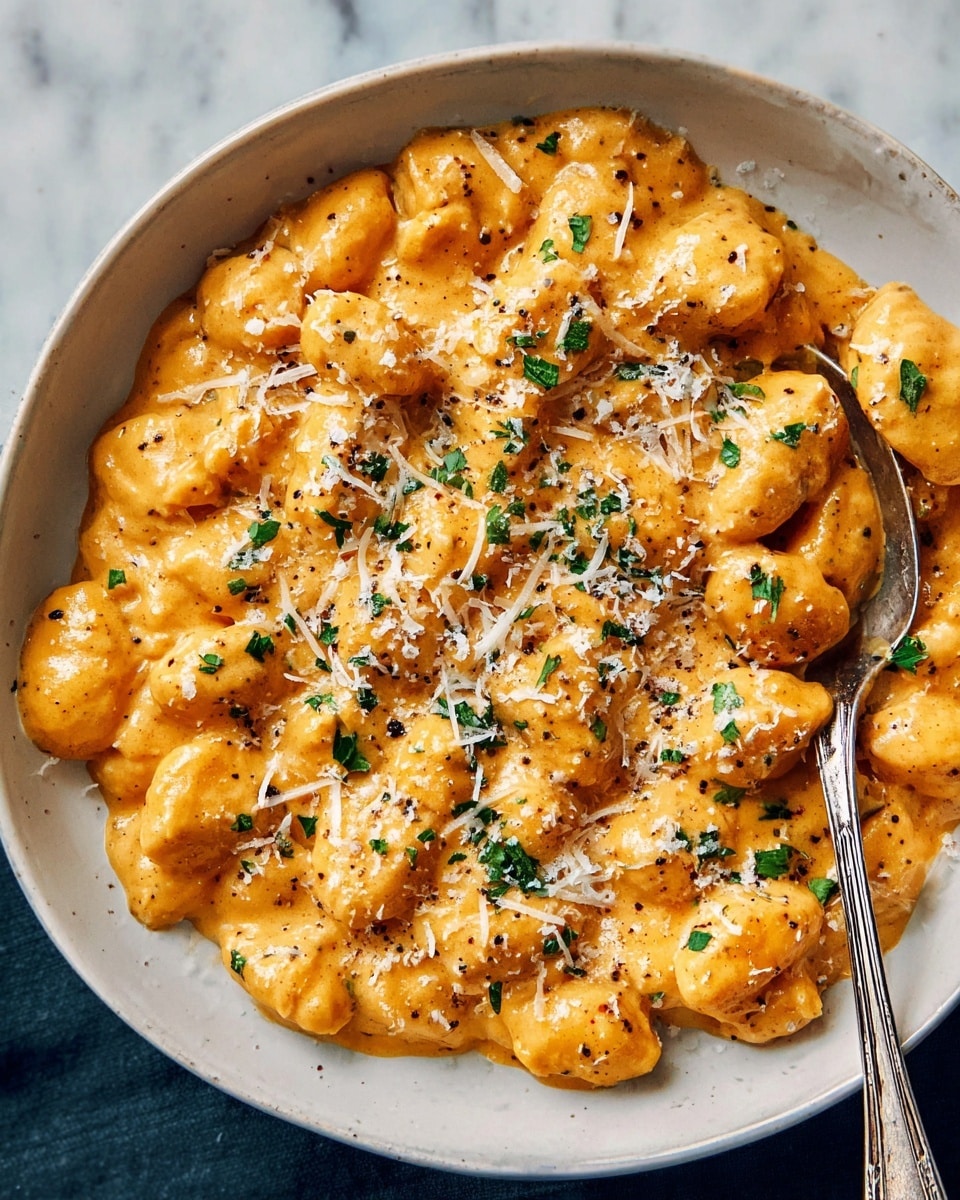 The image shows a close-up of a bowl filled with creamy orange pasta coated in a thick sauce. The pasta pieces are round and plump, covered evenly with the sauce that has small black pepper specks. Green parsley flakes are sprinkled on top, adding contrast to the orange color. There are also fine shreds of white cheese scattered over the dish. A vintage silver spoon rests on the right side inside the bowl. The bowl is white, placed on a white marbled surface. photo taken with an iphone --ar 4:5 --v 7