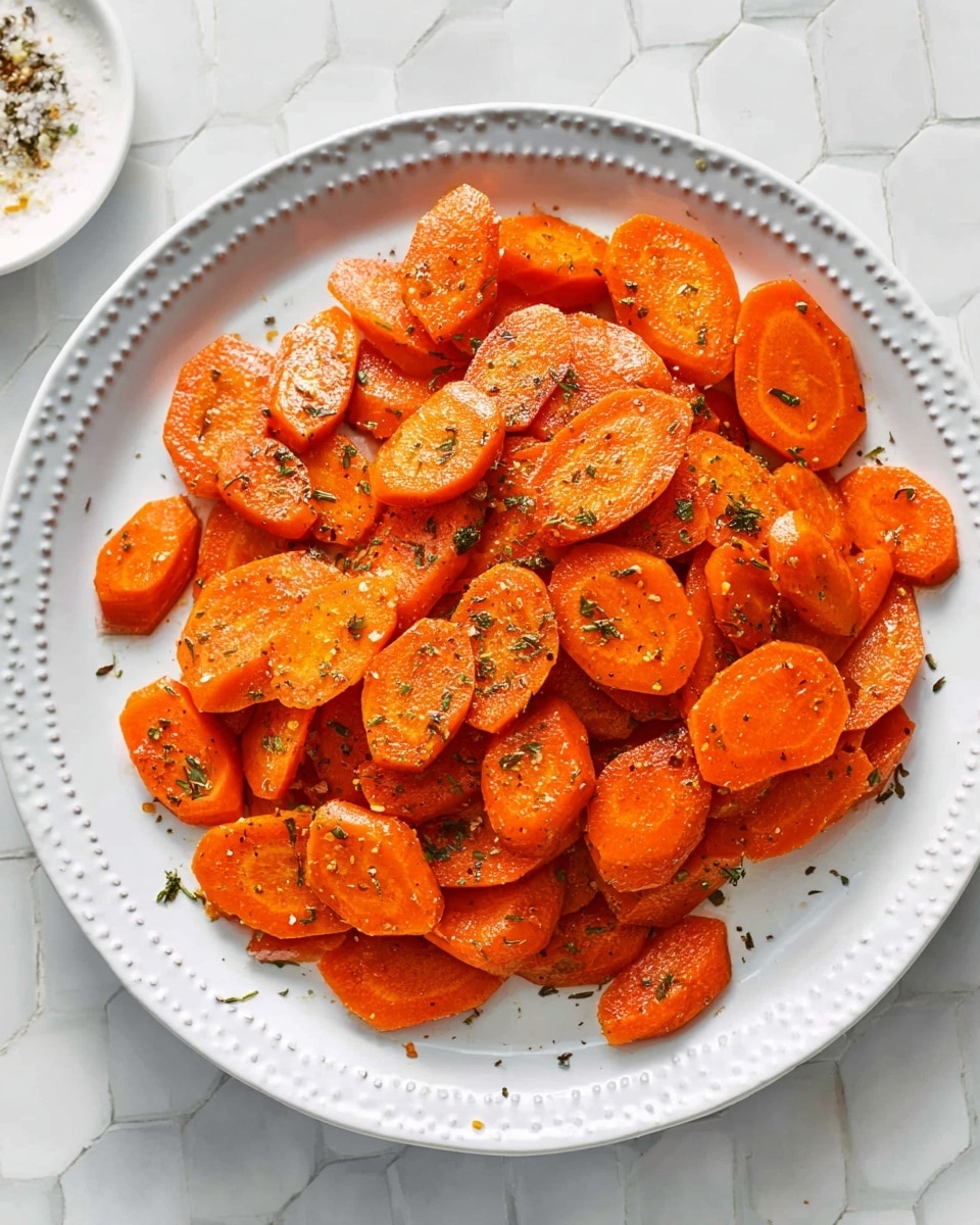 A white plate with small raised dots on the edge holds a pile of cooked carrot slices. Each carrot slice is bright orange with slight browning on some edges, and they are seasoned with green herbs and black pepper sprinkled evenly on top. The carrot slices are thin, soft, and slightly shiny, showing they are cooked with oil or butter. The plate rests on a white marbled surface with small hexagonal tiles, with small crumbs or seasoning scattered nearby. Photo taken with an iphone --ar 4:5 --v 7