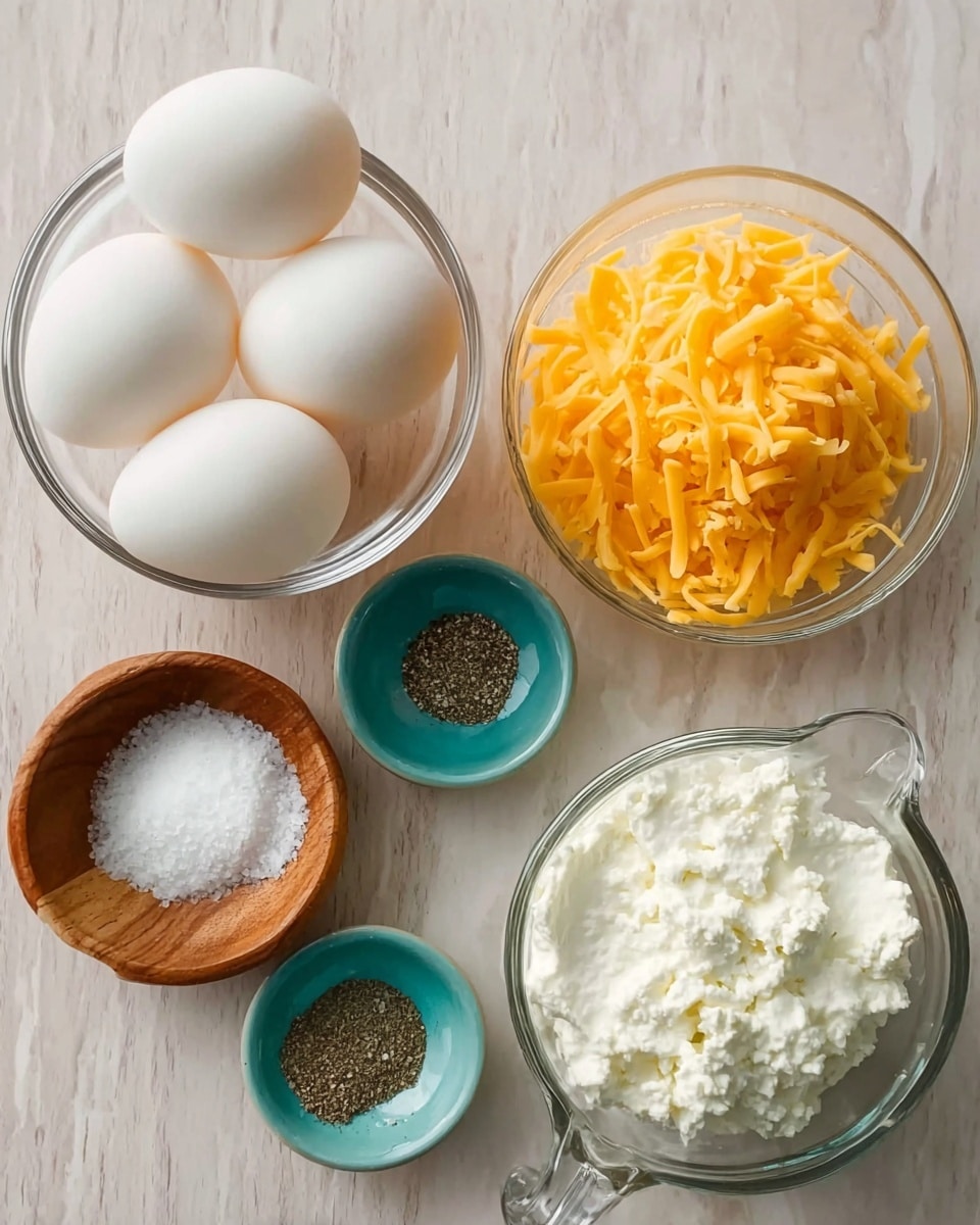 The image shows six white eggs in a clear glass bowl positioned at the top left. To the right, there is a clear glass bowl filled with shredded yellow cheddar cheese. Below the eggs, on the left side, a small round wooden bowl contains coarse white salt, and next to it on the right is a small round turquoise bowl with ground black pepper. At the bottom right, there is a clear glass measuring cup filled with thick white cottage cheese. All items are placed on a white marbled texture surface photo taken with an iphone --ar 4:5 --v 7