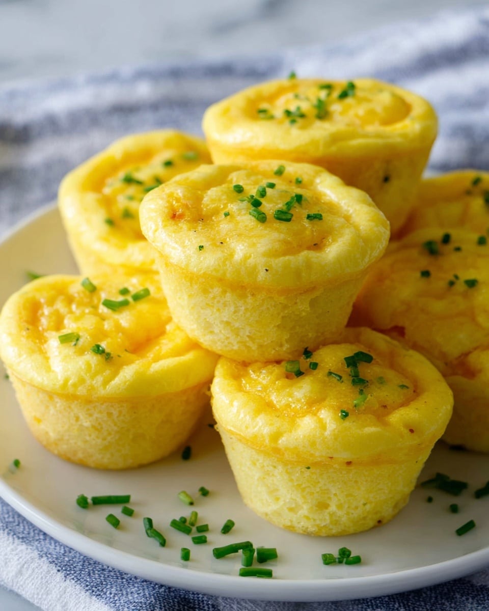 The image shows soft yellow egg muffins with a light, fluffy texture, stacked closely on a white plate. Each muffin is round and thick, with some small green chives sprinkled on top and around on the plate. The muffins have a smooth, slightly bumpy surface with an even, bright yellow color throughout. The plate sits on a blue and white striped cloth, all placed over a white marbled surface. photo taken with an iphone --ar 4:5 --v 7