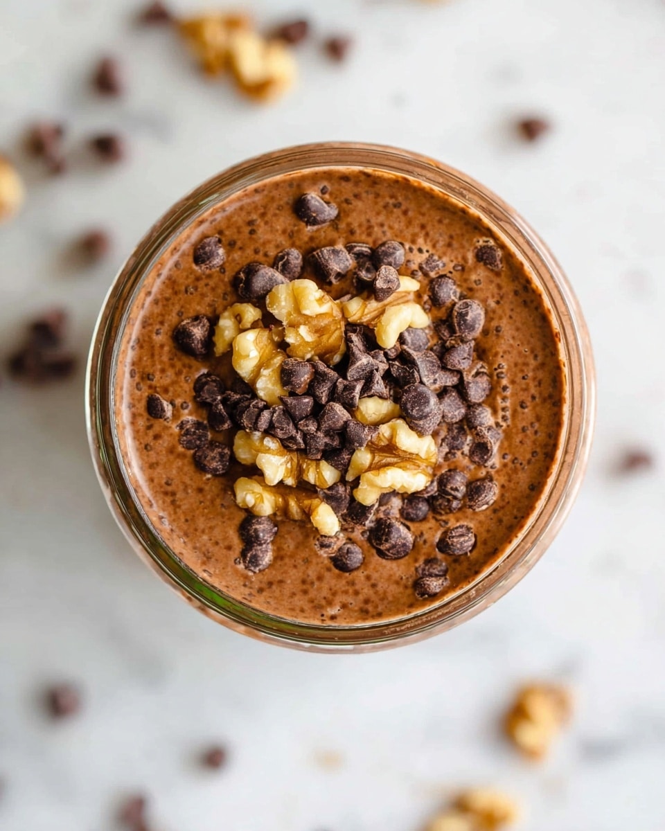 The image shows a close-up top view of a glass jar filled with a thick brown chocolate chia pudding. The pudding has a smooth but slightly textured surface from the chia seeds. On top, there is a generous layer of dark brown chocolate chips and light brown walnut pieces scattered unevenly. The jar is placed on a white marbled surface with some chocolate chips and nut pieces slightly blurred in the background. The photo taken with an iphone --ar 4:5 --v 7
