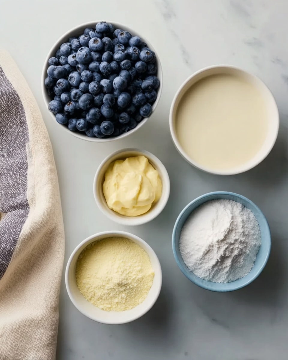The image shows five small white bowls placed on a white marbled surface. The top left bowl is full of fresh dark blue blueberries, showing a round and smooth texture. Next to it on the right is a bowl with a smooth, creamy white liquid filling it. The top right bowl contains a pale yellow powder with a soft texture. Below these, in the center, is a small white bowl with a fine white powder inside, likely baking powder. To the right, there is a white bowl with granulated white sugar. A folded beige and white cloth lies on the left side of the setup. photo taken with an iphone --ar 4:5 --v 7