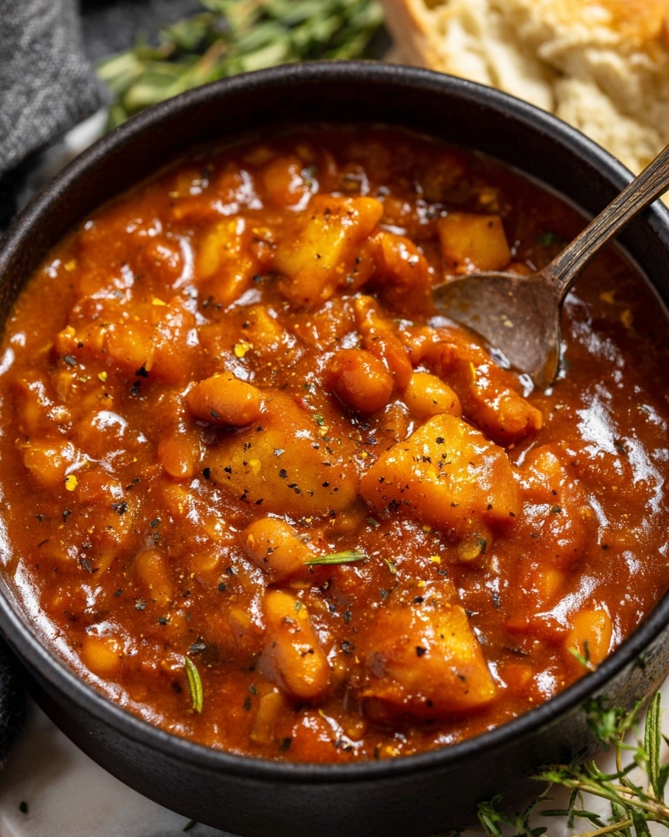 The image shows a close-up of a thick, rich stew in a dark bowl on a white marbled surface, with a spoon resting inside. The stew has chunky pieces of orange-hued vegetables and beans covered in a glossy, deep reddish-orange sauce with visible herbs and spices scattered throughout. The texture looks hearty and soft, with the larger vegetable chunks coated thickly in the sauce, and smaller bits and grains filling the spaces. Around the bowl, there are hints of fresh green herbs and a piece of torn white bread with garnish resting nearby. Photo taken with an iphone --ar 4:5 --v 7