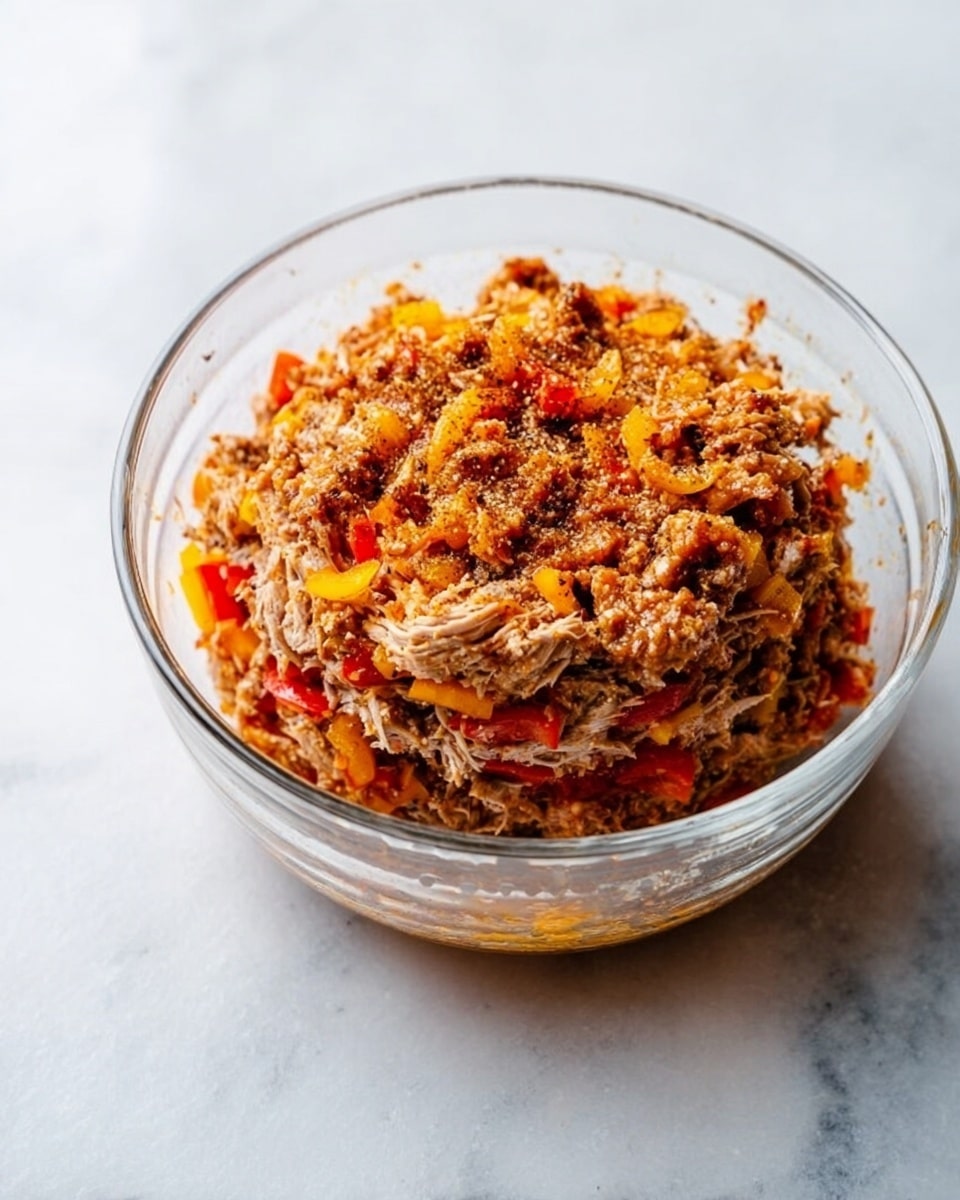 A clear glass bowl filled with a mix of shredded light brown meat layered with small pieces of bright orange and red bell peppers, all mixed together with visible seasoning on top. The bowl sits on a white marbled surface, showing the colorful and textured mix stacked evenly within the bowl. Photo taken with an iphone --ar 4:5 --v 7