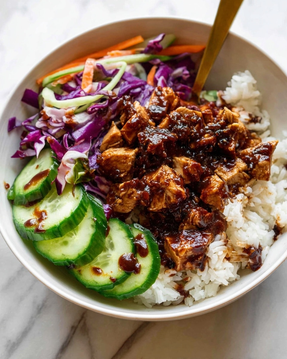 A white bowl holds a layered meal starting with a base of fluffy white rice at the bottom. On top of the rice, there are small brown pieces of cooked chicken coated with a thick dark sauce. Mixed in are pieces of purple cabbage and thin orange carrot strips, adding color and texture. On one side of the bowl, several slices of fresh green cucumber rest neatly with a drizzle of the same dark sauce on top. A shiny gold spoon is inserted into the bowl. The bowl is placed on a white marbled surface. photo taken with an iphone --ar 4:5 --v 7