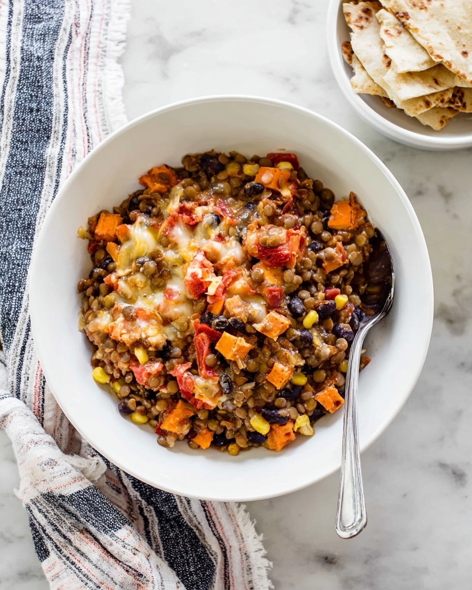 A white shallow bowl holds a colorful mixed dish with three main layers: the bottom layer is light brown lentils, topped with black beans and small orange cubes, likely sweet potato, mixed with yellow corn kernels and red tomato pieces. There are melted bits of light orange cheese scattered on top, adding a slightly creamy texture. A silver spoon rests inside the bowl. The bowl sits on a white marbled surface with a striped cloth in white, gray, and dark blue beside it. Part of a white bowl with flatbread pieces is visible to the top right. photo taken with an iphone --ar 4:5 --v 7