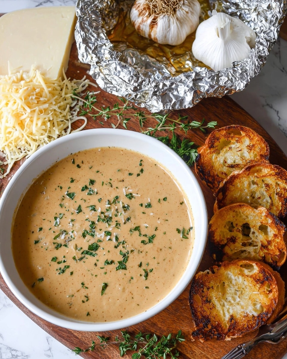 The image shows a white bowl filled with a creamy, light brown soup sprinkled with green herbs on top. Around the bowl on a wooden board, there is a piece of soft-looking light yellow cheese with shredded cheese next to it. To the right of the cheese, there are three toasted bread slices that are golden brown with a crispy texture. Above the bowl, there is a baked garlic bulb wrapped in crinkled aluminum foil, with some cloves exposed and showing a soft, caramelized color. Fresh green herb sprigs and a whole white garlic bulb are placed near the bowl on the white marbled surface, giving a fresh, rustic look. The scene is bright and cozy. photo taken with an iphone --ar 4:5 --v 7