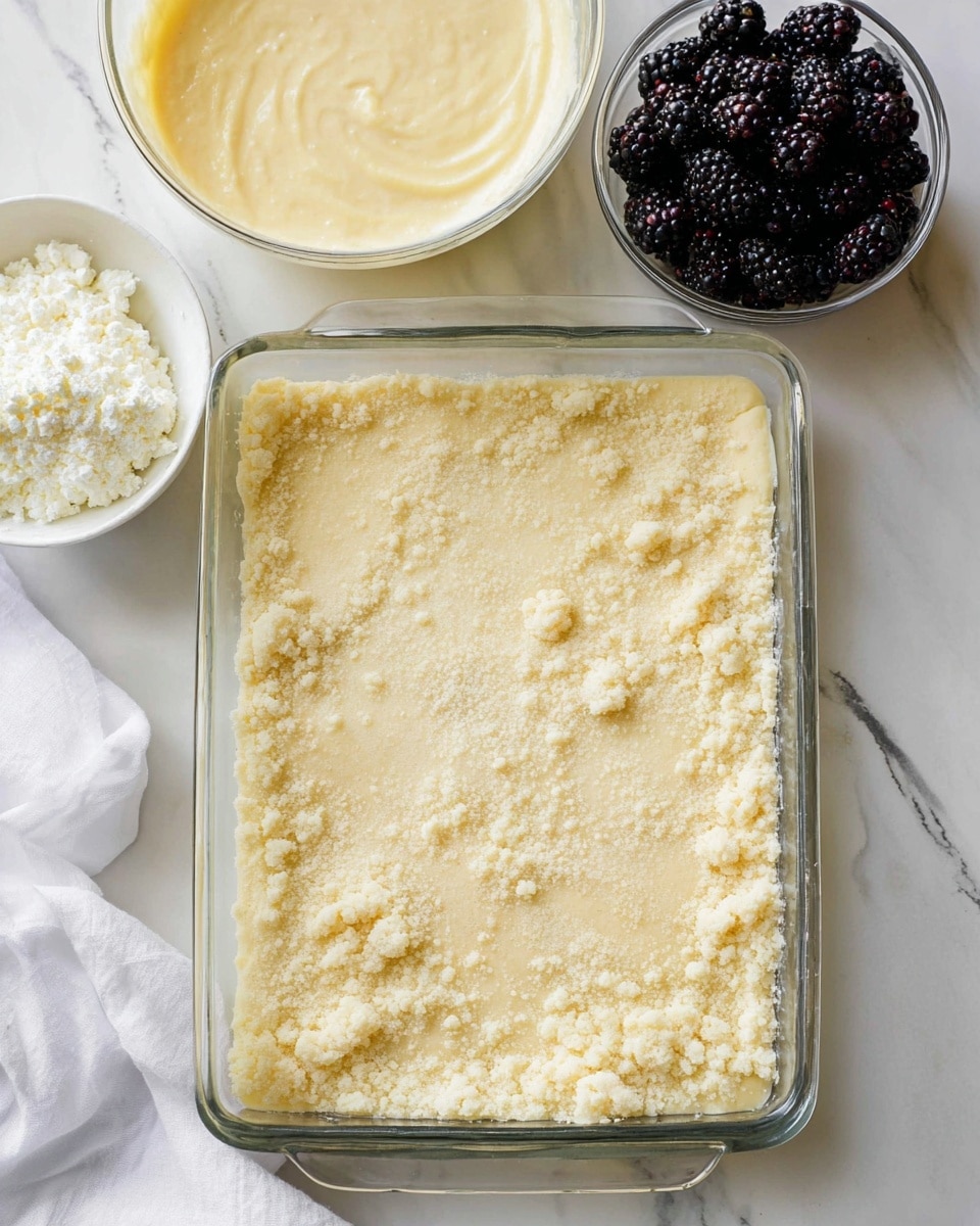 The image shows a rectangular clear glass baking dish filled with an even, pale yellow crumbly dough layer that looks soft and slightly crumbly on top. Above the baking dish there is a clear glass bowl filled with a smooth, creamy pale yellow mixture. To the left of the dish, there are two small white bowls: one with white crumbly cheese and the other with fresh blackberries, which are dark purple and textured. All items are placed on a white marbled surface with a white cloth partly visible near the bowls. photo taken with an iphone --ar 4:5 --v 7