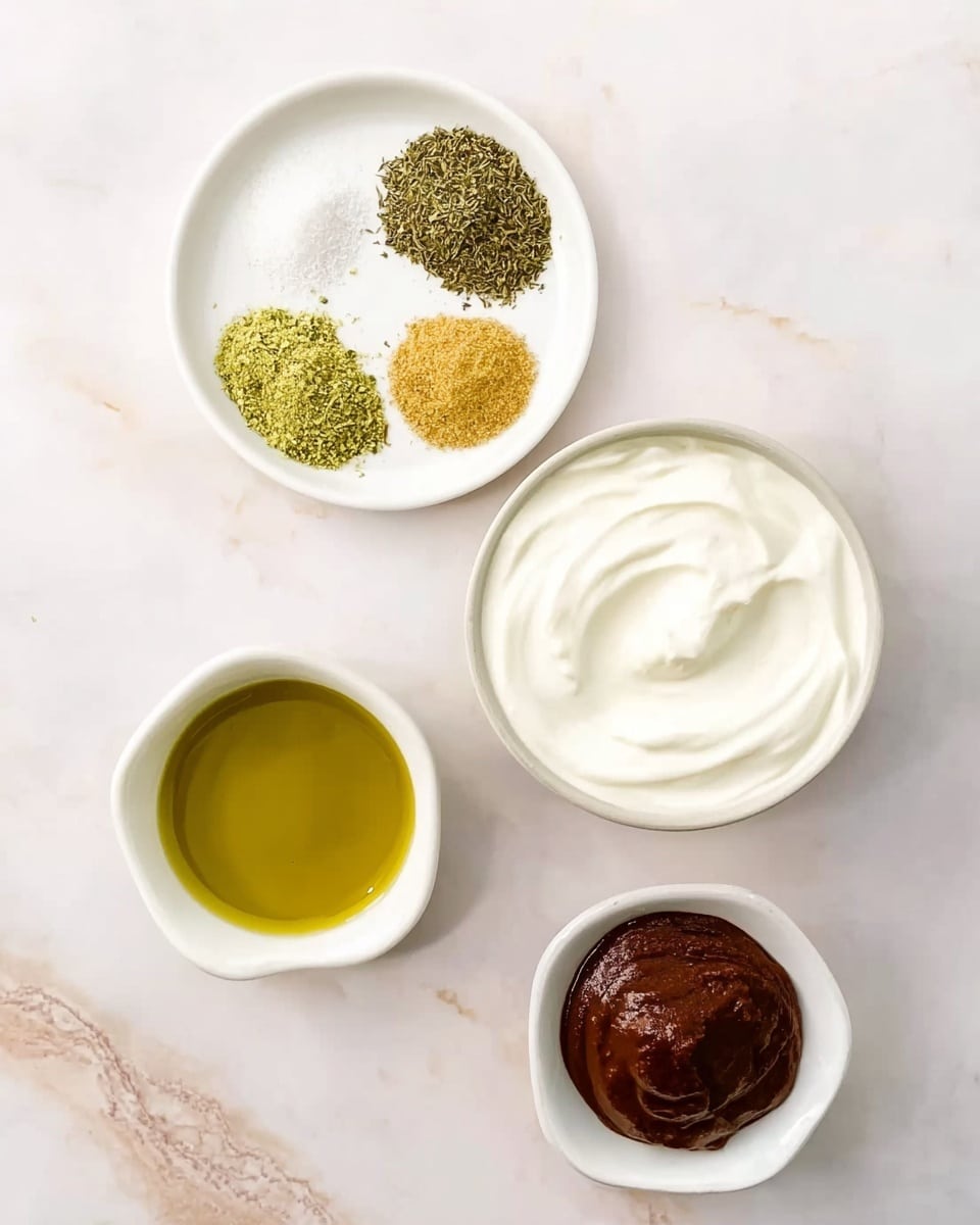 The image shows four small white bowls on a white marbled surface, each containing a different ingredient. The top right bowl is filled with smooth, thick white yogurt. To its left, a small white plate holds four piles of dried herbs and spices in green, yellow, and brown shades. Below the herb plate, a white bowl contains clear, golden olive oil. On the bottom right, another white bowl holds a thick, dark brown paste. The arrangement is neat and evenly spaced, with soft lighting highlighting the creamy and smooth textures of the ingredients. Photo taken with an iphone --ar 4:5 --v 7