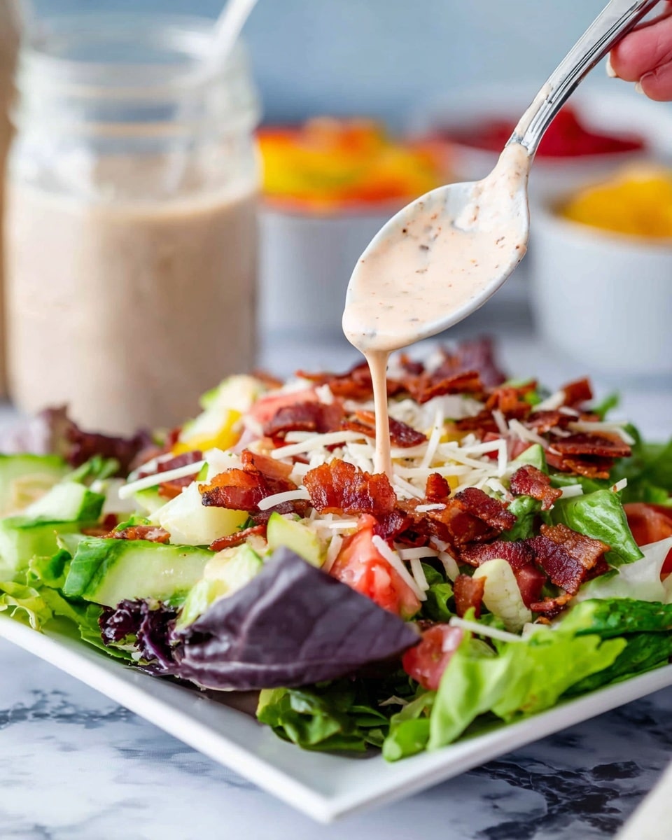 A fresh salad is shown on a white square plate set on a white marbled surface, with a layer of mixed green leaves forming the base, including darker purple and bright green leaves. On top, there are chopped red tomatoes, small pieces of yellow cucumber, and crispy brown bacon bits scattered all over. Shredded white cheese is sprinkled across the salad, and a creamy light pink dressing is being drizzled from a white spoon held by a woman's hand above the plate. In the background, there is a glass jar filled with the same dressing and blurred bowls with red and yellow ingredients. Photo taken with an iphone --ar 4:5 --v 7