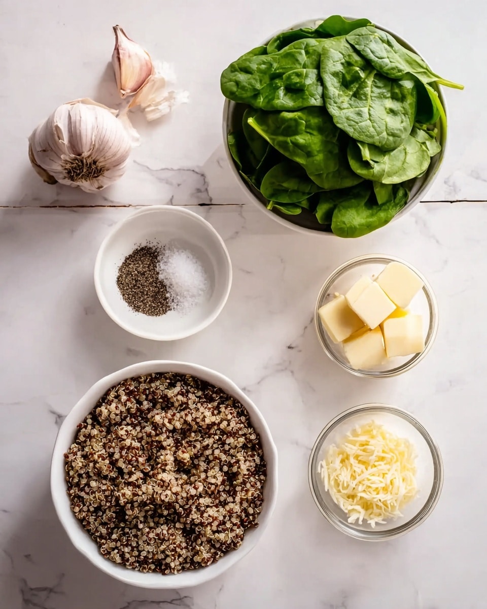 The image shows six ingredients arranged neatly on a white marbled surface. At the bottom center, there is a white bowl filled with cooked quinoa, showing a mix of light brown and dark grains with a fluffy texture. To the left, a round bowl contains fresh green spinach leaves. Above this, cloves of garlic and a whole bulb rest on the surface, pale and slightly purple. In the middle, a small white bowl is half-filled with coarse salt on one side and black pepper on the other, creating a clear division of colors. To the right, two small clear glass bowls sit, one with two squares of pale yellow butter and the other with finely chopped or grated light yellow garlic. Each ingredient is placed individually with shadowing for depth, photo taken with an iphone --ar 4:5 --v 7