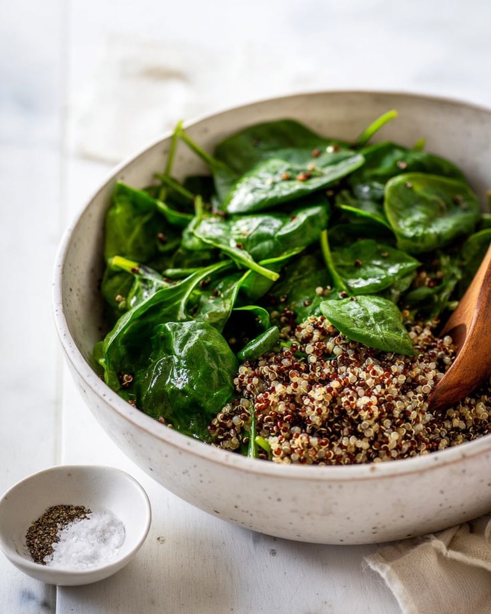 A bowl filled with a layer of cooked quinoa, showing small round grains in white, red, and black colors. On top of this, there is a layer of fresh, bright green spinach leaves, slightly wilted and shiny with moisture. The bowl is white with a speckled texture, and a wooden spoon is partially visible on the right side inside the bowl. Behind the bowl, there is a small white dish holding some coarse salt and pepper. The whole setting is on a white marbled surface, with soft natural light highlighting the fresh colors. Photo taken with an iphone --ar 4:5 --v 7