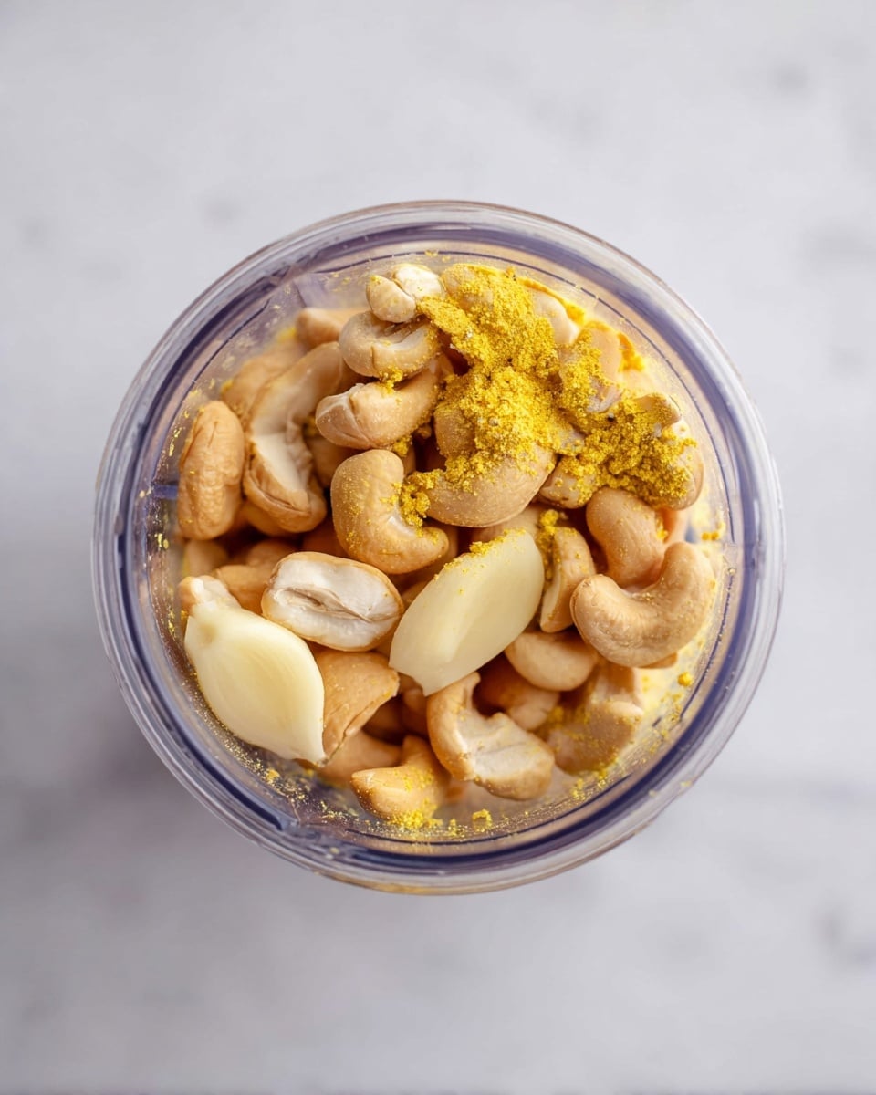 A clear blender cup filled with a single layer of whole cashew nuts, light tan in color, mixed with a couple of whole garlic cloves that are off-white and smooth, and small amounts of bright yellow powder sprinkled on top. The cup is set on a white marbled surface, and the photo is taken from above showing the contents clearly. photo taken with an iphone --ar 4:5 --v 7