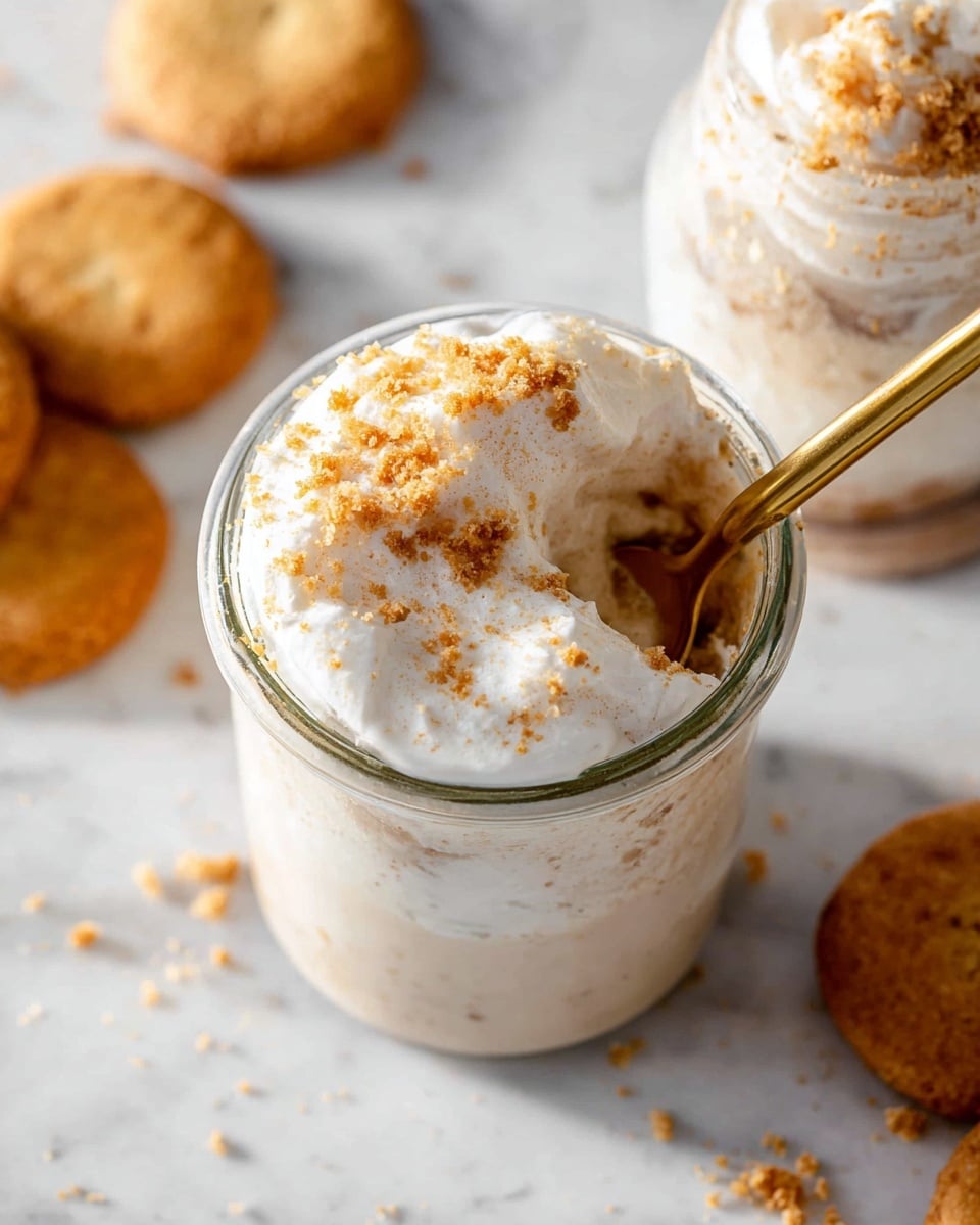 The image shows a clear glass jar filled with a creamy, frothy drink that has a thick layer of whipped foam on top, sprinkled with small brown crumb pieces, possibly cookie or graham cracker crumbs. A gold spoon is partially dipped into the foam, revealing the light, airy texture of the top layer. In the background, there is another glass jar with similar layers visible frothy foam on top with crumbs beneath. The jars rest on a white marbled surface, with a few round, golden-brown cookies placed around the jars, adding texture and color contrast. Photo taken with an iphone --ar 4:5 --v 7
