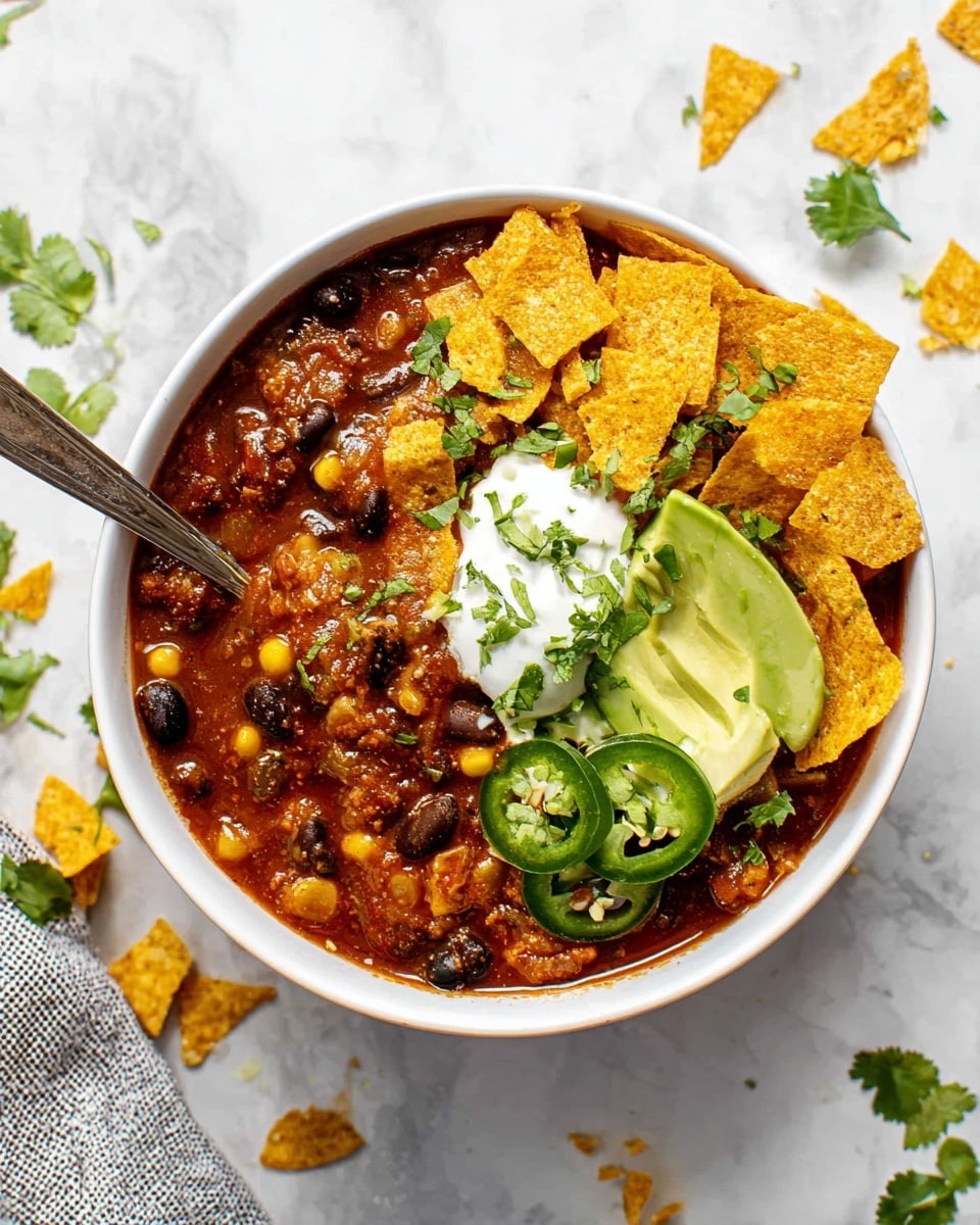 A white bowl filled with a thick, dark reddish-brown chili with visible black beans and corn kernels, topped with a pile of bright orange corn chips scattered on top and around the bowl. On top of the chips is a dollop of white sour cream garnished with small green cilantro leaves, alongside fresh slices of light green avocado and thin slices of bright green jalapeño peppers. The bowl rests on a white marbled surface with some corn chip crumbs and chopped cilantro scattered nearby. A spoon is partially submerged in the chili on the left side of the bowl. photo taken with an iphone --ar 4:5 --v 7