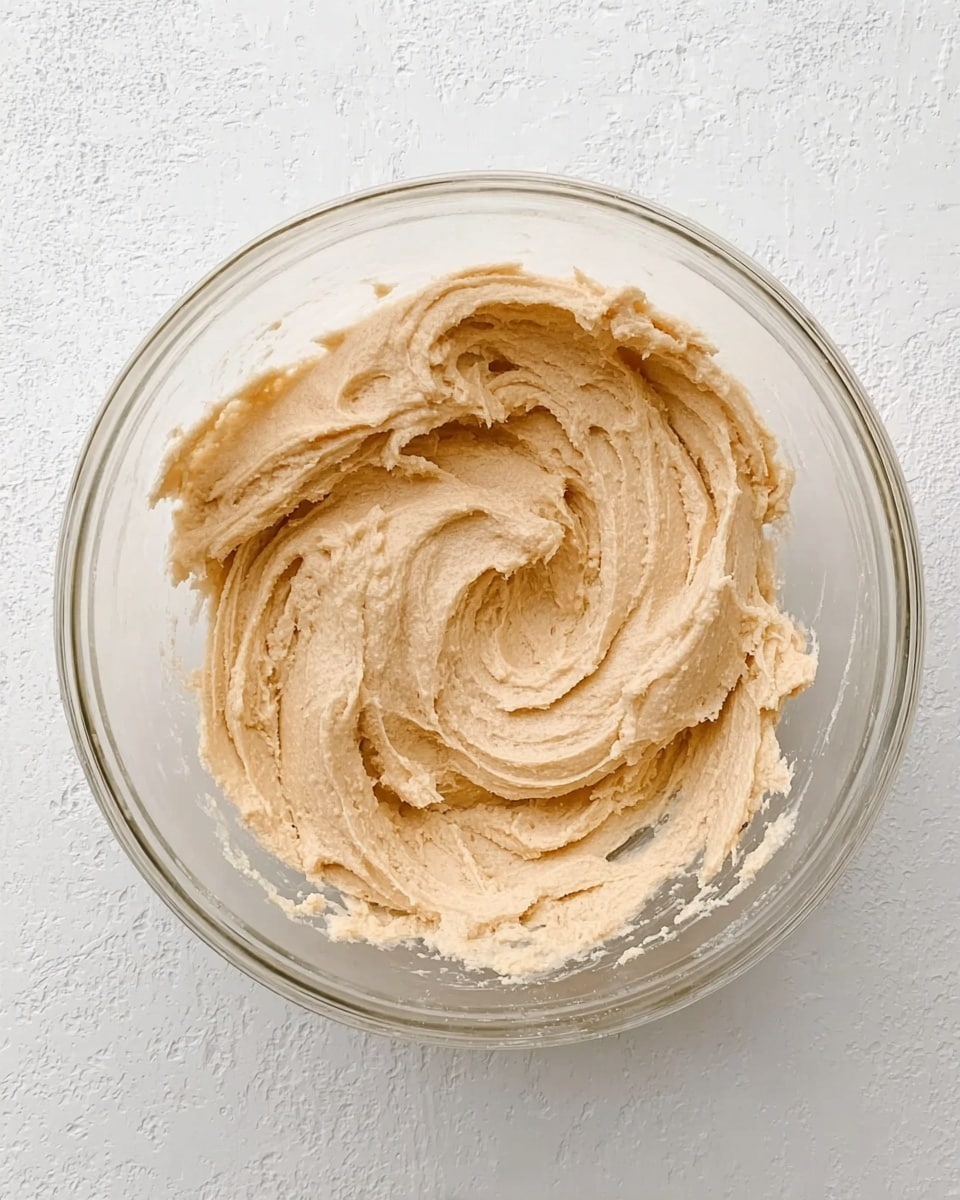 A clear glass bowl holds a light beige dough mixture with a smooth and creamy texture, showing soft peaks and swirls from stirring. The bowl sits on a white marbled surface, highlighting the subtle ridges and valleys in the dough's surface created by mixing. The dough looks thick but has a soft, fluffy appearance with some lighter and slightly darker patches throughout. photo taken with an iphone --ar 4:5 --v 7