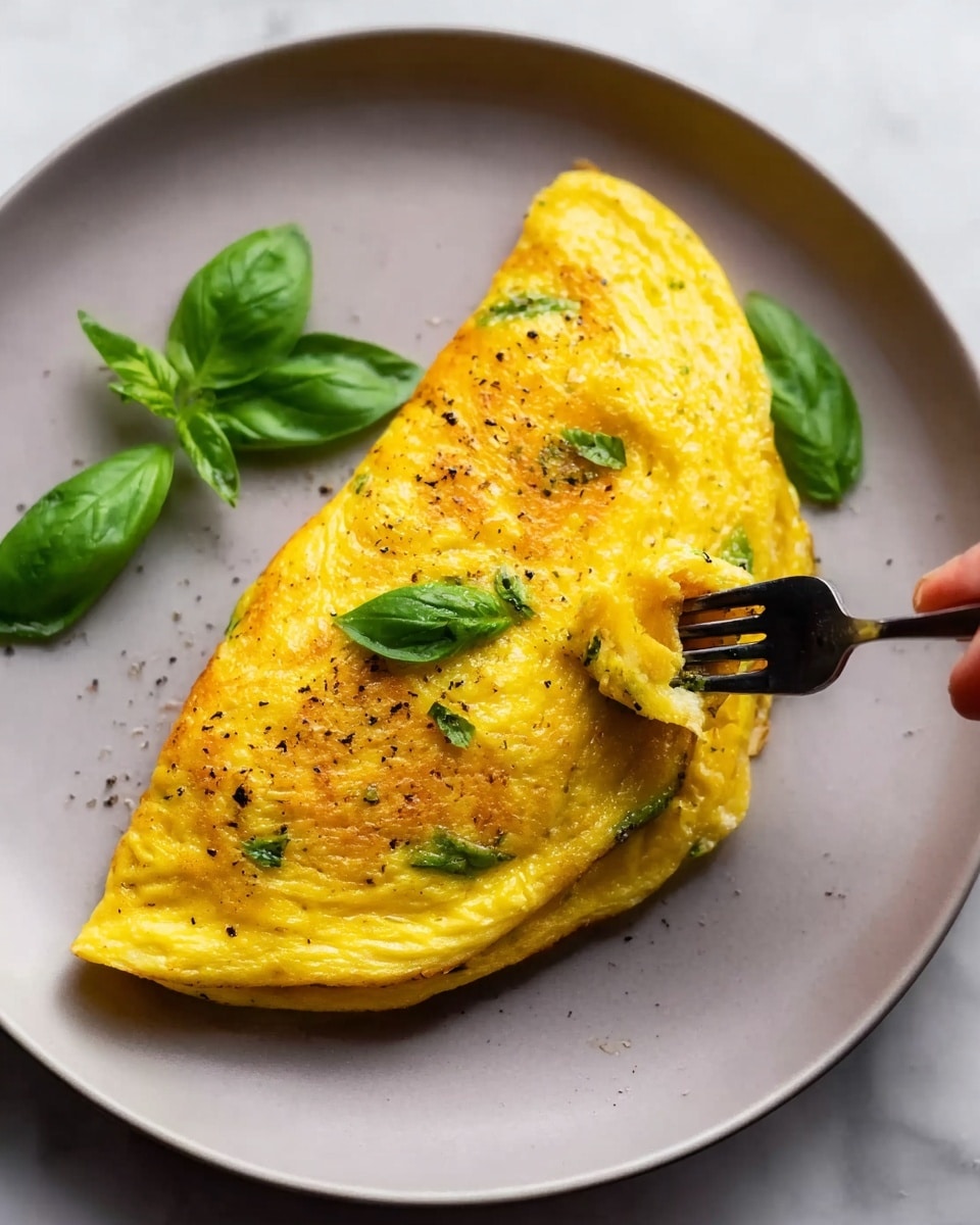 The image shows a golden yellow omelet folded in half on a white plate, with some small black pepper specks on top. The omelet has a slightly puffy and soft texture, with hints of green herbs inside. There are fresh green basil leaves placed around the omelet for decoration. A woman’s hand holding a fork is lifting a corner of the omelet, revealing its soft inside. The plate sits on a white marbled surface, adding a clean and bright background to the image. Photo taken with an iphone --ar 4:5 --v 7