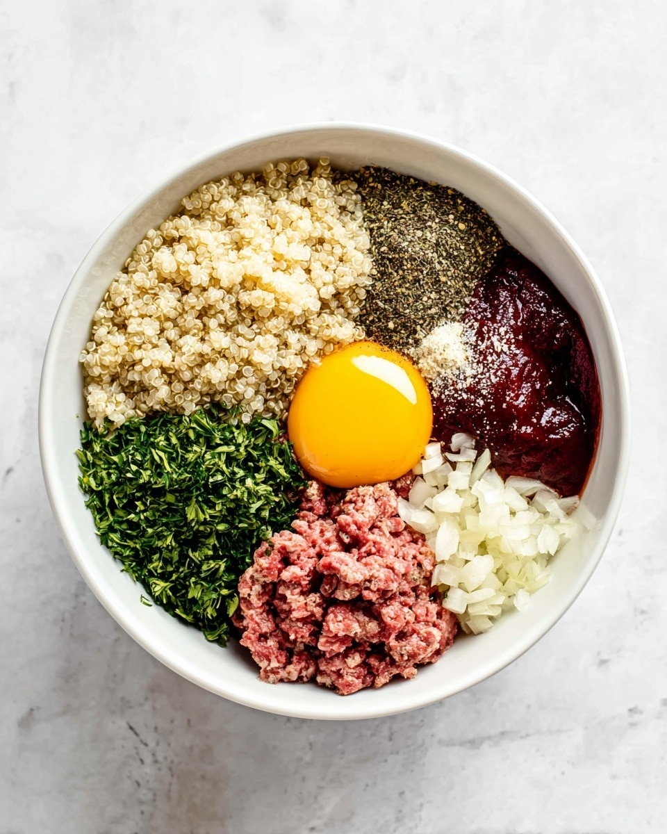 A white bowl on a white marbled surface holds seven separate layers of ingredients arranged side by side in a circular shape. Starting from the top, there is light beige cooked quinoa with a fluffy texture, to its right a whole raw egg yolk with a smooth, shiny surface. Next to the egg yolk is a pile of chopped fresh green herbs, followed by mixed dried herbs and black pepper with a small patch of white salt. Below the herbs, raw pink ground meat is slightly coarse. Beside the meat is a dark red sauce covering part of it. Finally, there is finely chopped pale onion and minced garlic completing the circle. Photo taken with an iphone --ar 4:5 --v 7