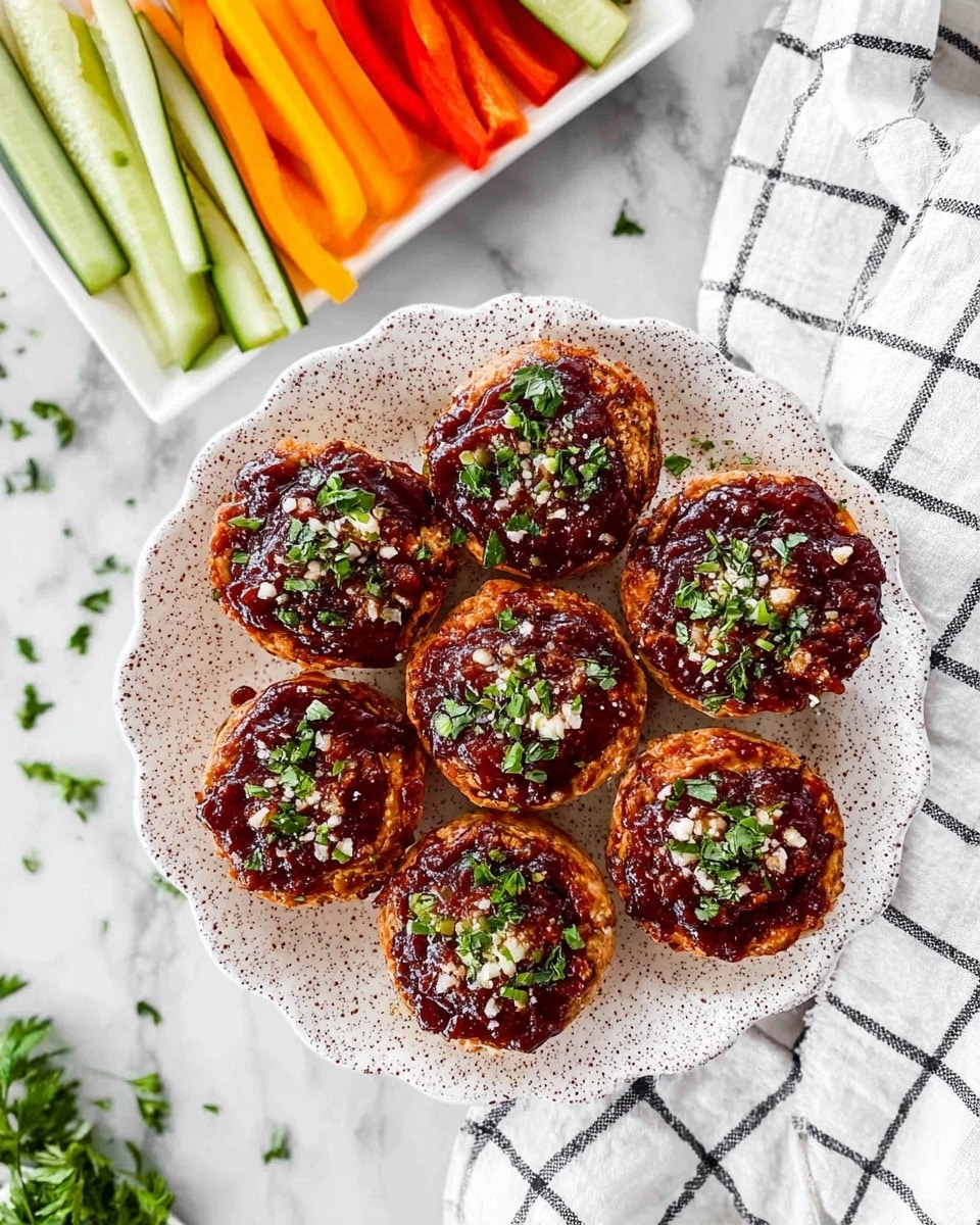 Seven round, baked mini pizzas are neatly arranged on a speckled white plate with a scalloped edge. Each pizza has a golden-brown crust topped with a thick, dark red sauce, sprinkled with chopped green herbs and small bits of white cheese. The plate sits on a white marbled surface with some scattered herbs around it. At the top corner of the image, a white rectangular plate holds slices of red, orange, yellow bell peppers, baby carrots, and round cucumber slices. There is a white cloth with a black grid pattern partially visible under the plate. Photo taken with an iphone --ar 4:5 --v 7