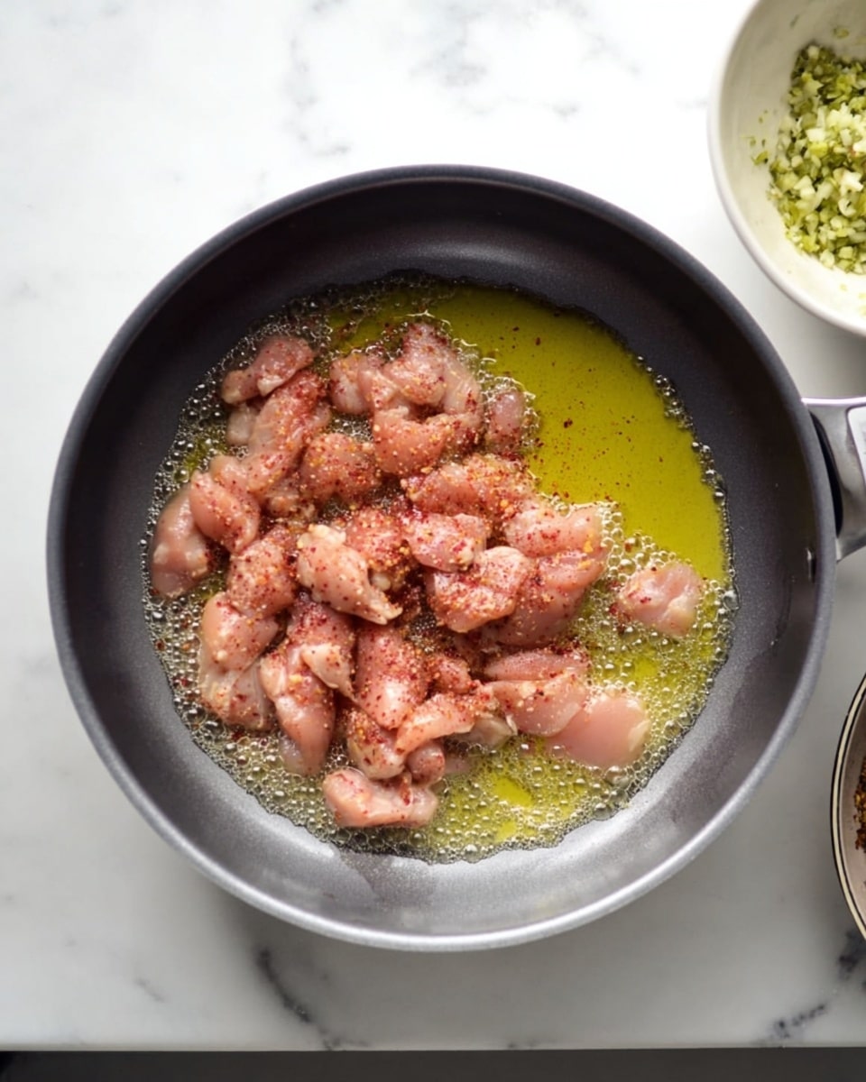 The image shows a close-up top view of a gray pan on a white marbled surface, filled with small pieces of raw, pink chicken seasoned with red spices, sitting in melted yellow butter that is bubbling slightly. To the right of the pan, there is a glimpse of a white bowl with some finely chopped light green vegetables visible. The scene is simple and clean, focusing on the ingredients cooking in the pan. photo taken with an iphone --ar 4:5 --v 7