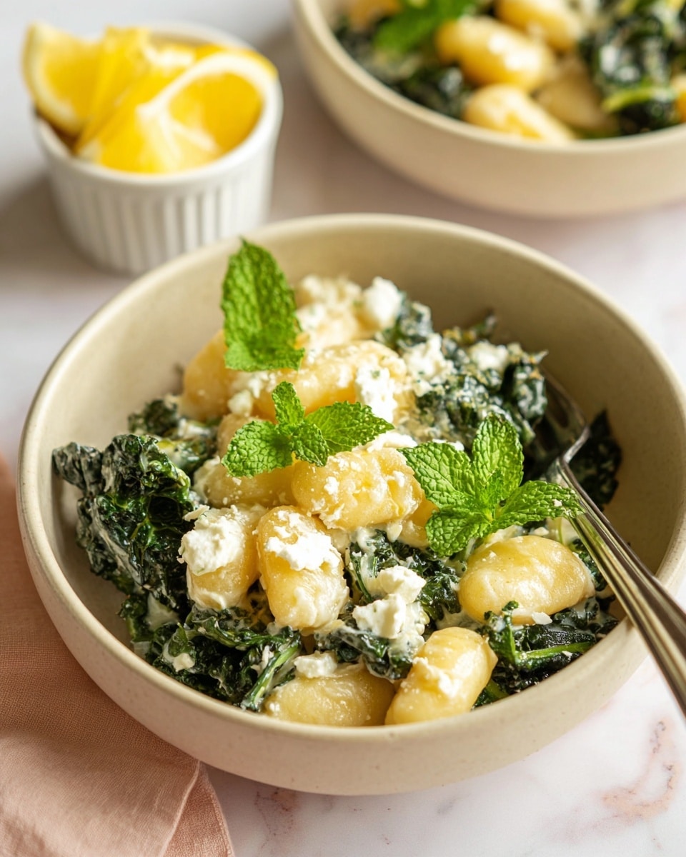 The dish is served in a light beige bowl filled with three main layers. The bottom layer is cooked dark green kale with a slightly wilted texture. On top of the kale is a layer of soft, smooth, light yellow gnocchi coated in a creamy white sauce. Scattered over the gnocchi and kale are small white crumbles of cheese. Fresh green mint leaves are placed on top as a garnish. A silver fork is placed inside the bowl. In the background, there is a white ramekin with bright yellow lemon slices and a second bowl with the same dish, all set on a white marbled surface. Photo taken with an iphone --ar 4:5 --v 7
