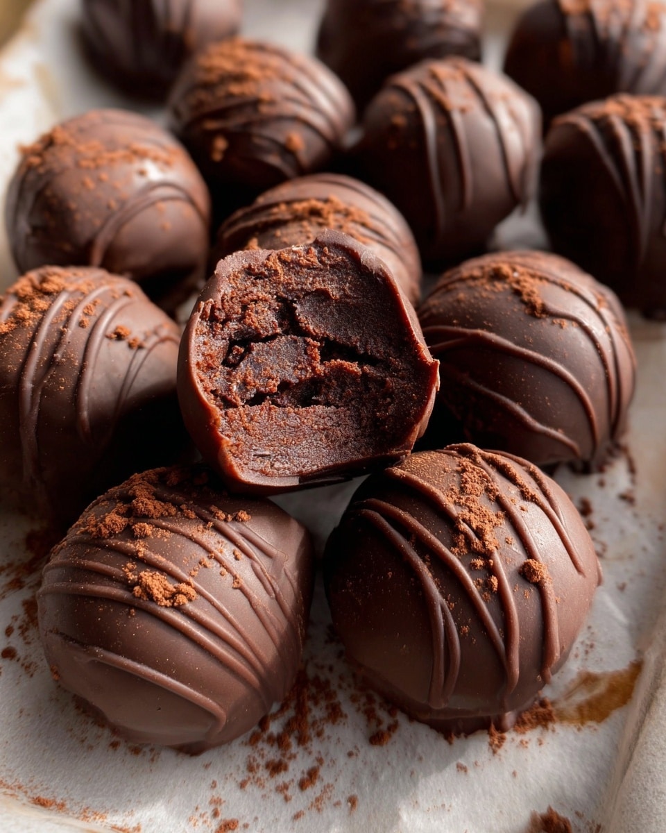 The image shows a group of round chocolate truffles arranged closely together on a white marbled surface covered partially by parchment paper. Each truffle has a smooth, shiny dark brown chocolate outer shell with thin lines of darker chocolate drizzled over the top, adding texture. One truffle is broken open in the center, revealing a moist, dense, and textured dark chocolate filling inside. Small bits of cocoa powder are lightly scattered on the surface of some truffles, enhancing the rich chocolate look. The light shines warmly on the truffles, making the chocolate appear glossy and inviting. photo taken with an iphone --ar 4:5 --v 7